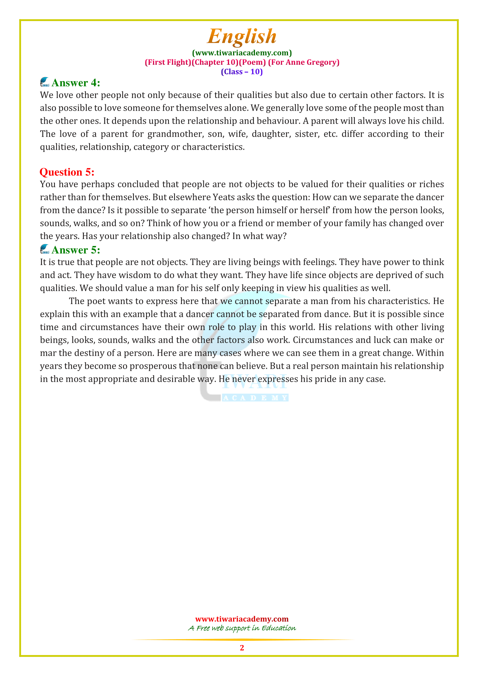 10 English chapter 10 Poem answers