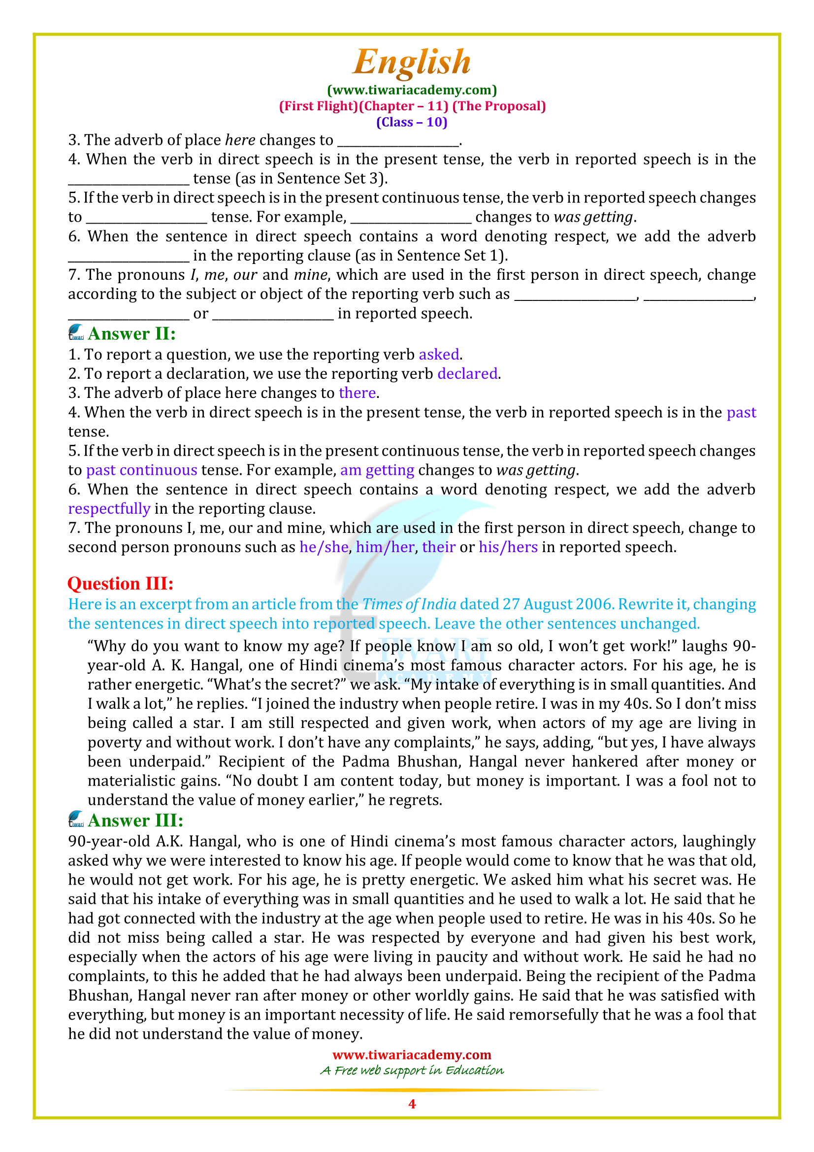 NCERT Solutions for Class 10 English First Flight Chapter 11 in PDF