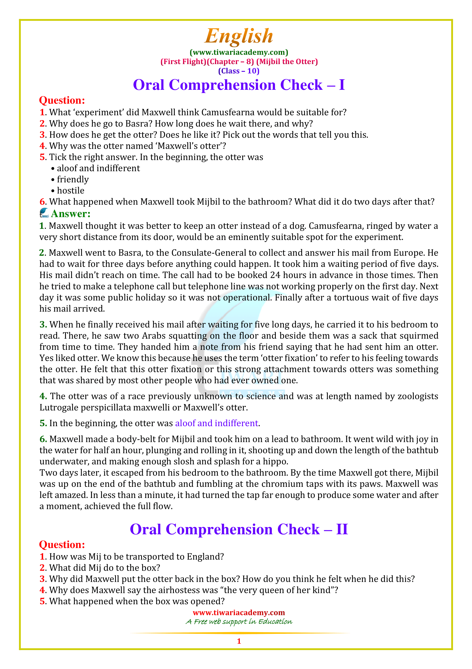 NCERT Solutions for Class 10 English First Flight Chapter 8 Mijbil the otter