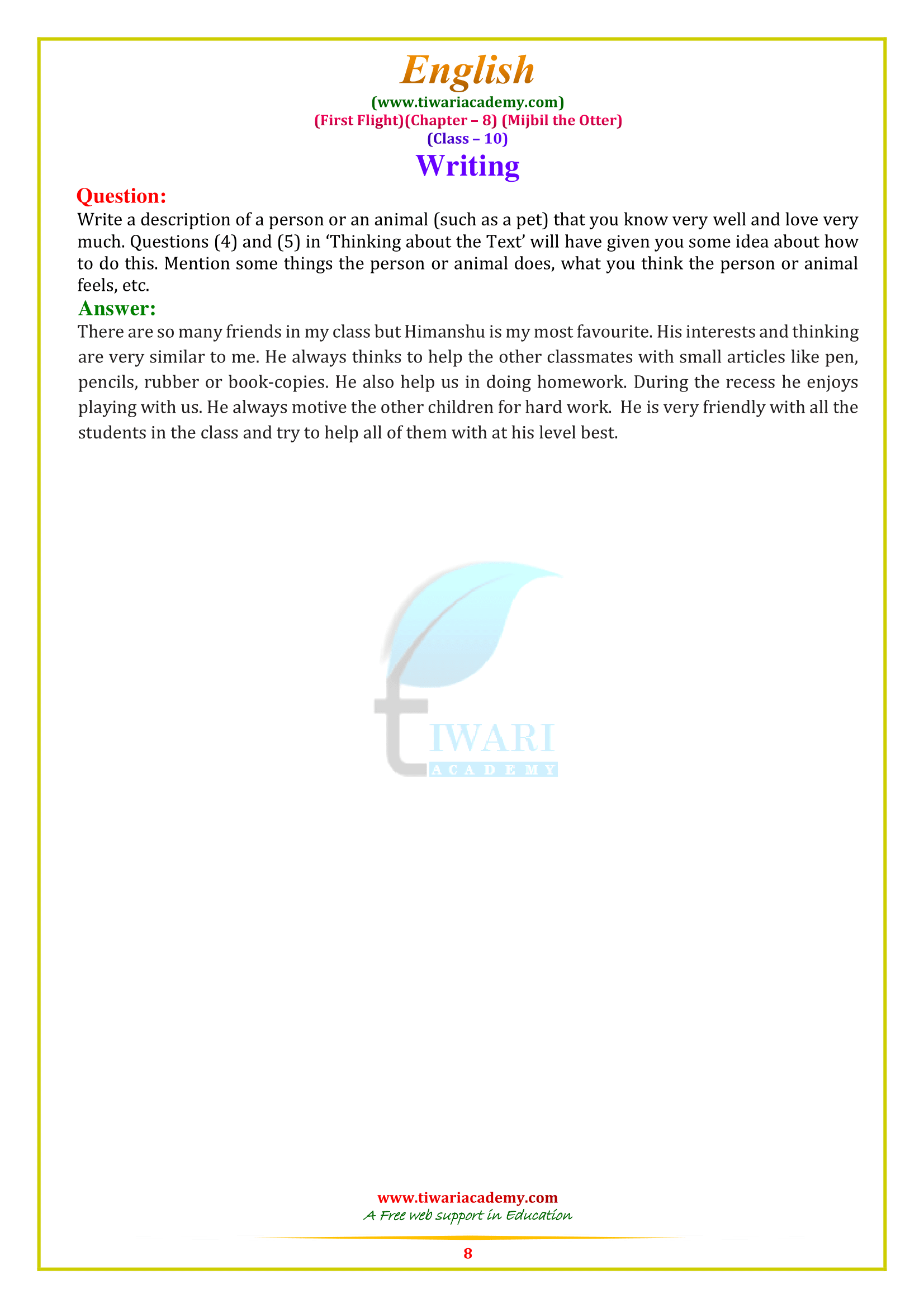 NCERT Solutions for Class 10 English First Flight Chapter 8 updated for 2019-20