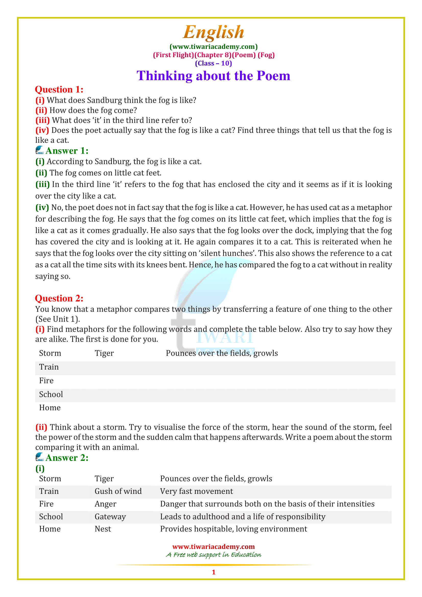 NCERT Solutions for class 10 English poem Fog