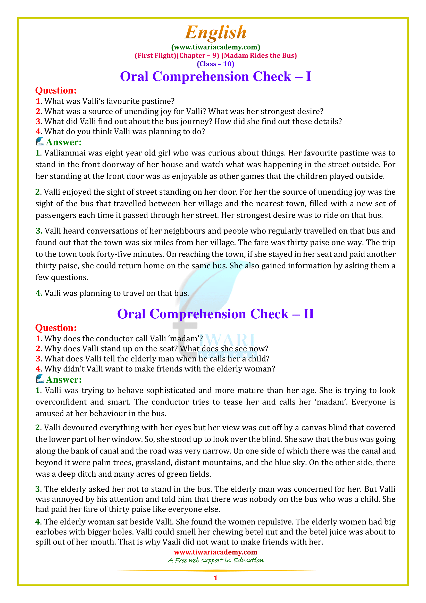 NCERT Solutions for Class 10 English First Flight Chapter 9 Madam rides the bus