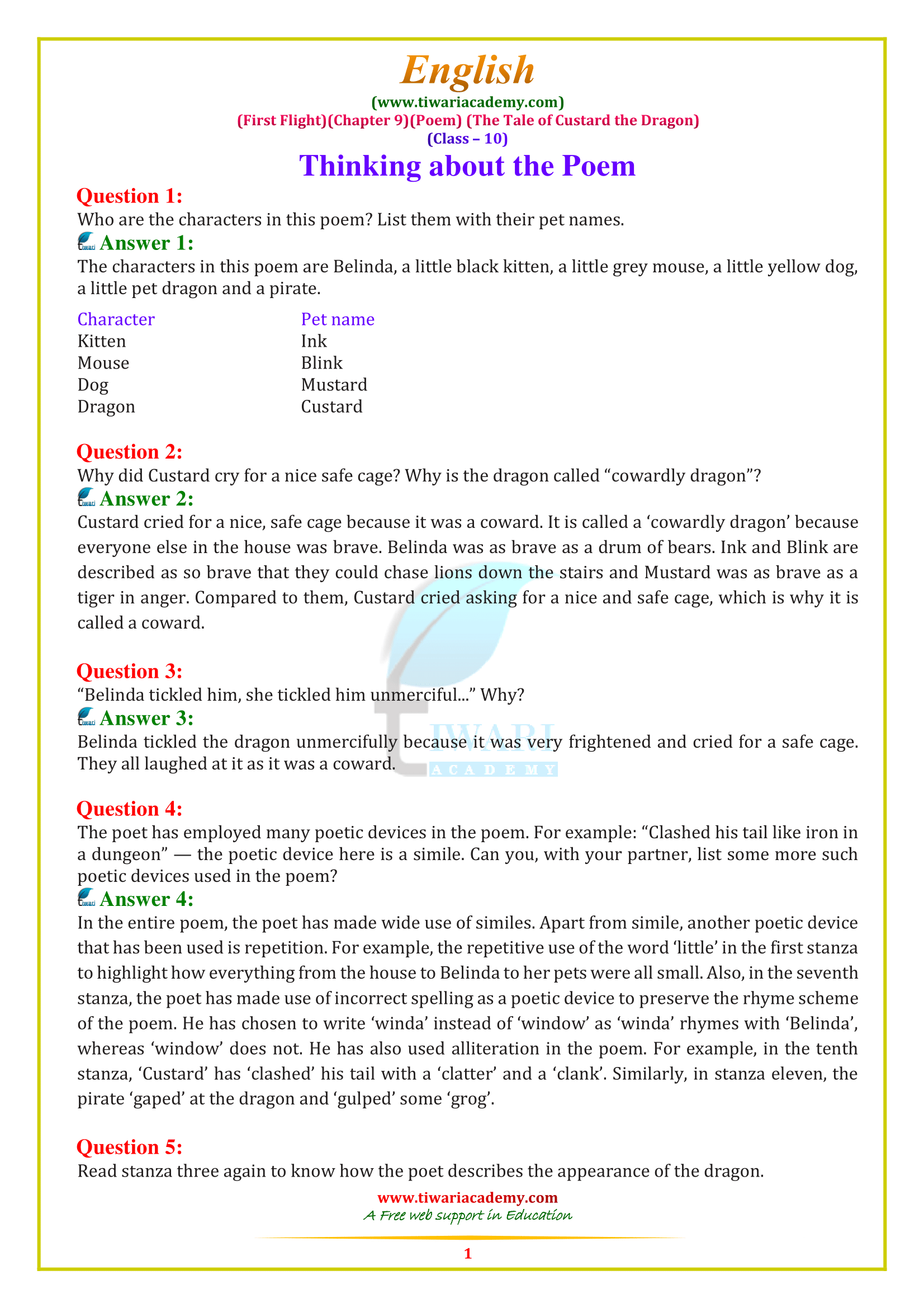 NCERT Solutions for class 10 English Chapter 9 poem The tale of custard the dragon