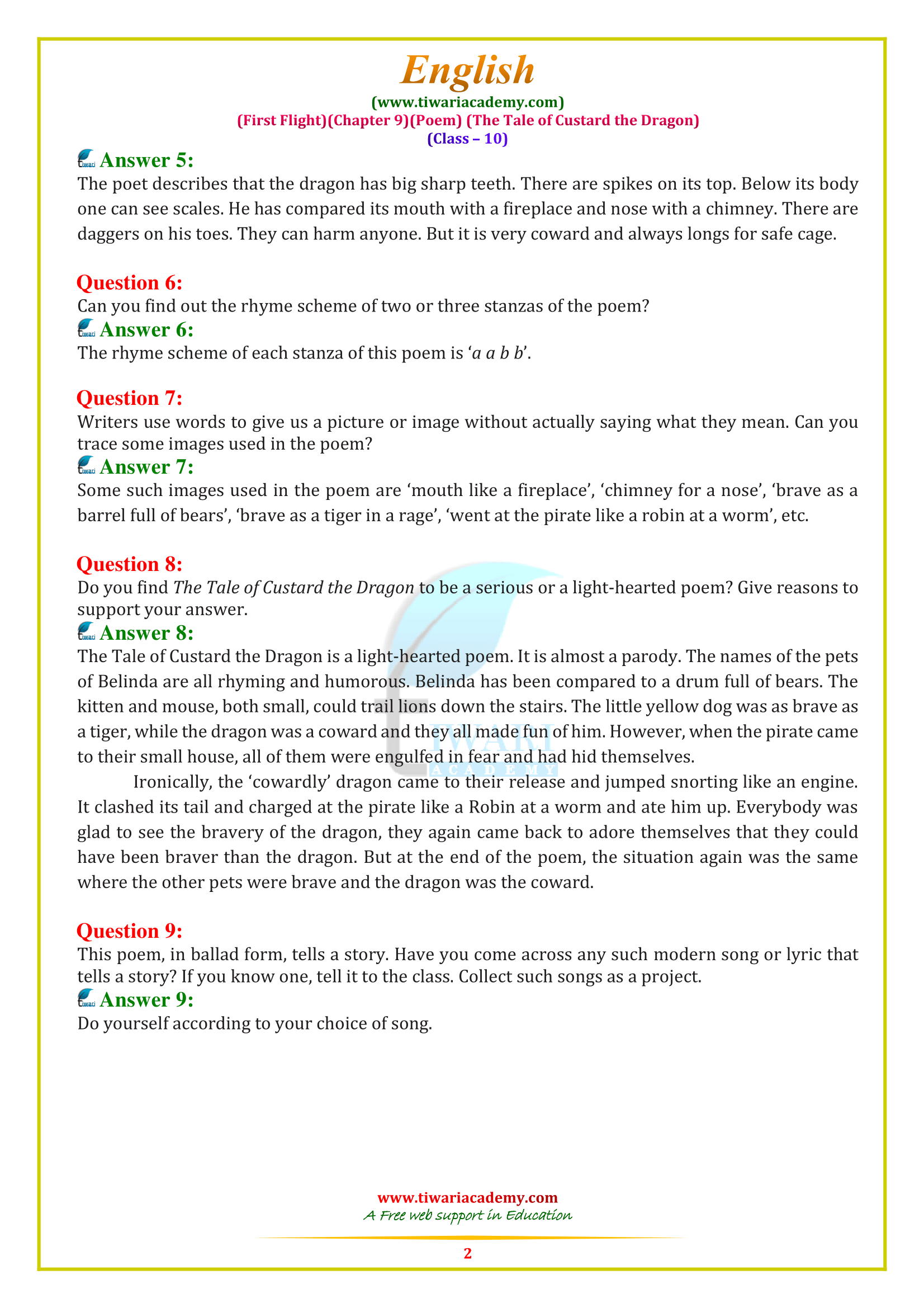 10 English chapter 9 Poem answers