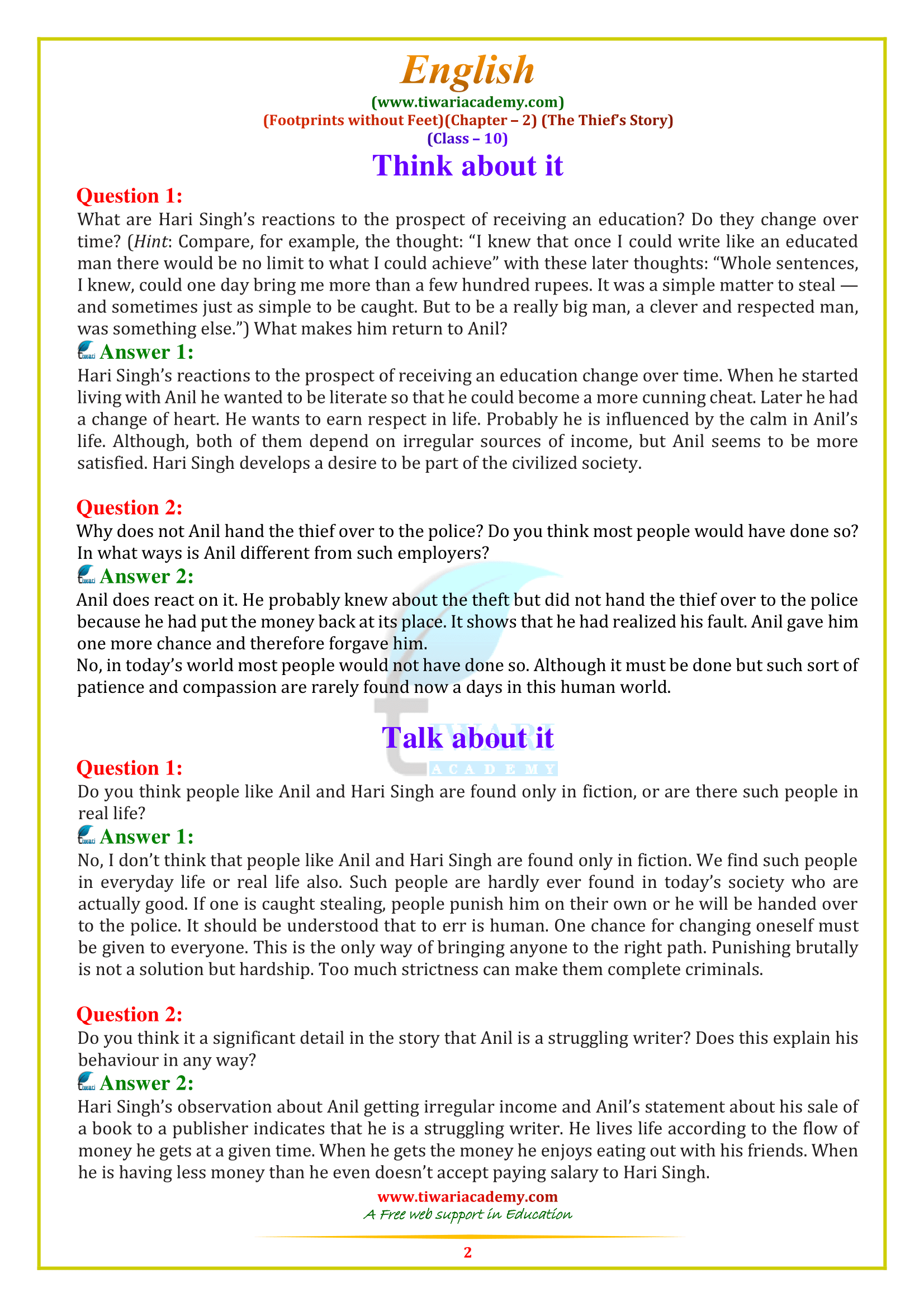 NCERT Solutions for Class 10 English Footprints without feet chapter 2