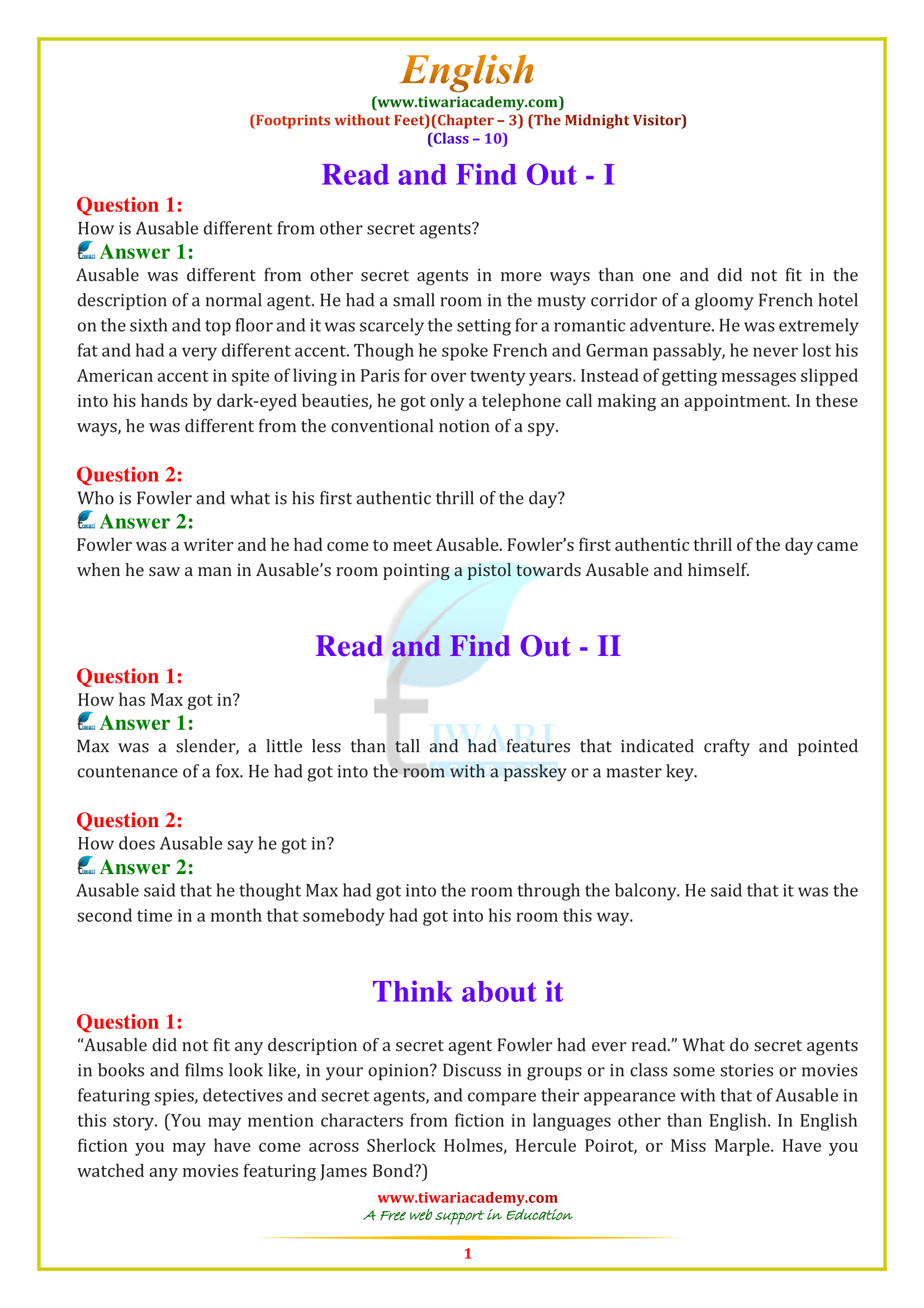 NCERT Solutions for Class 10 English Footprints without feet chapter 3