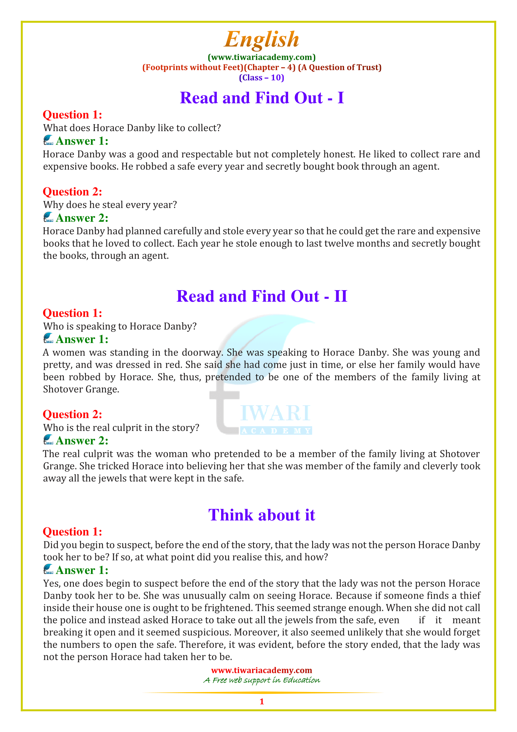 NCERT Solutions for Class 10 English Footprints without feet chapter 4