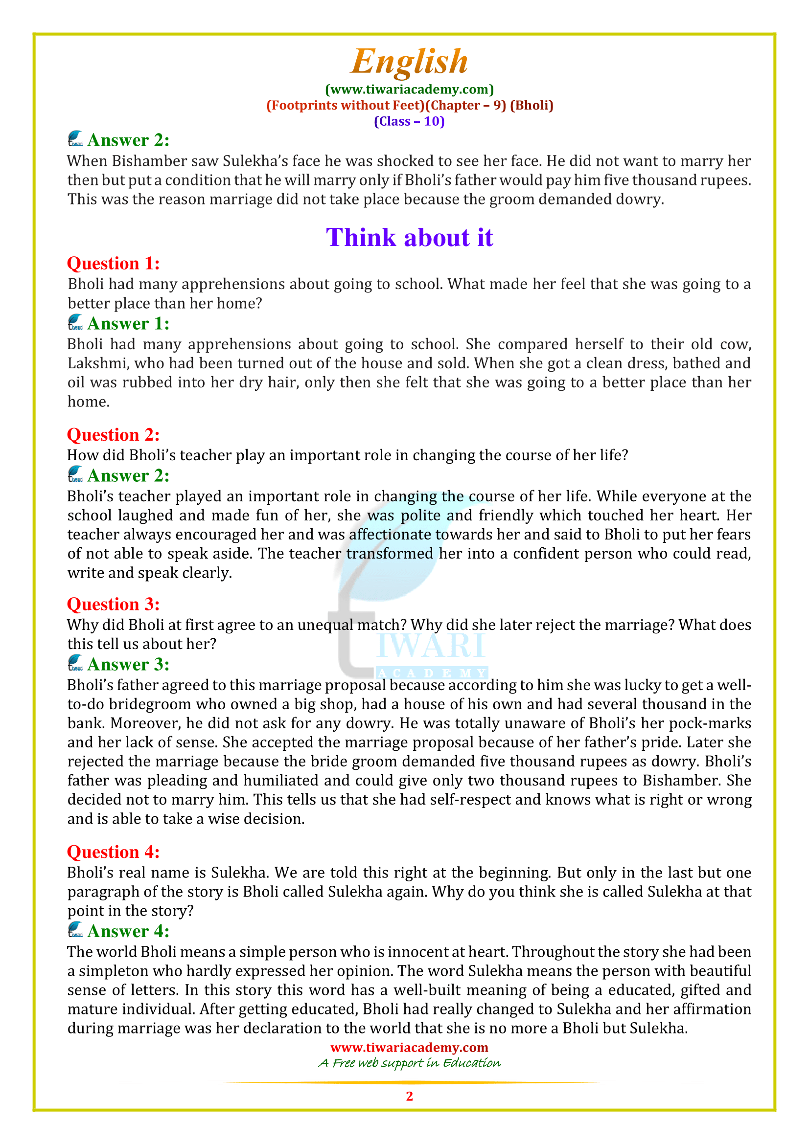NCERT Solutions for Class 10 English Footprints without feet chapter 9