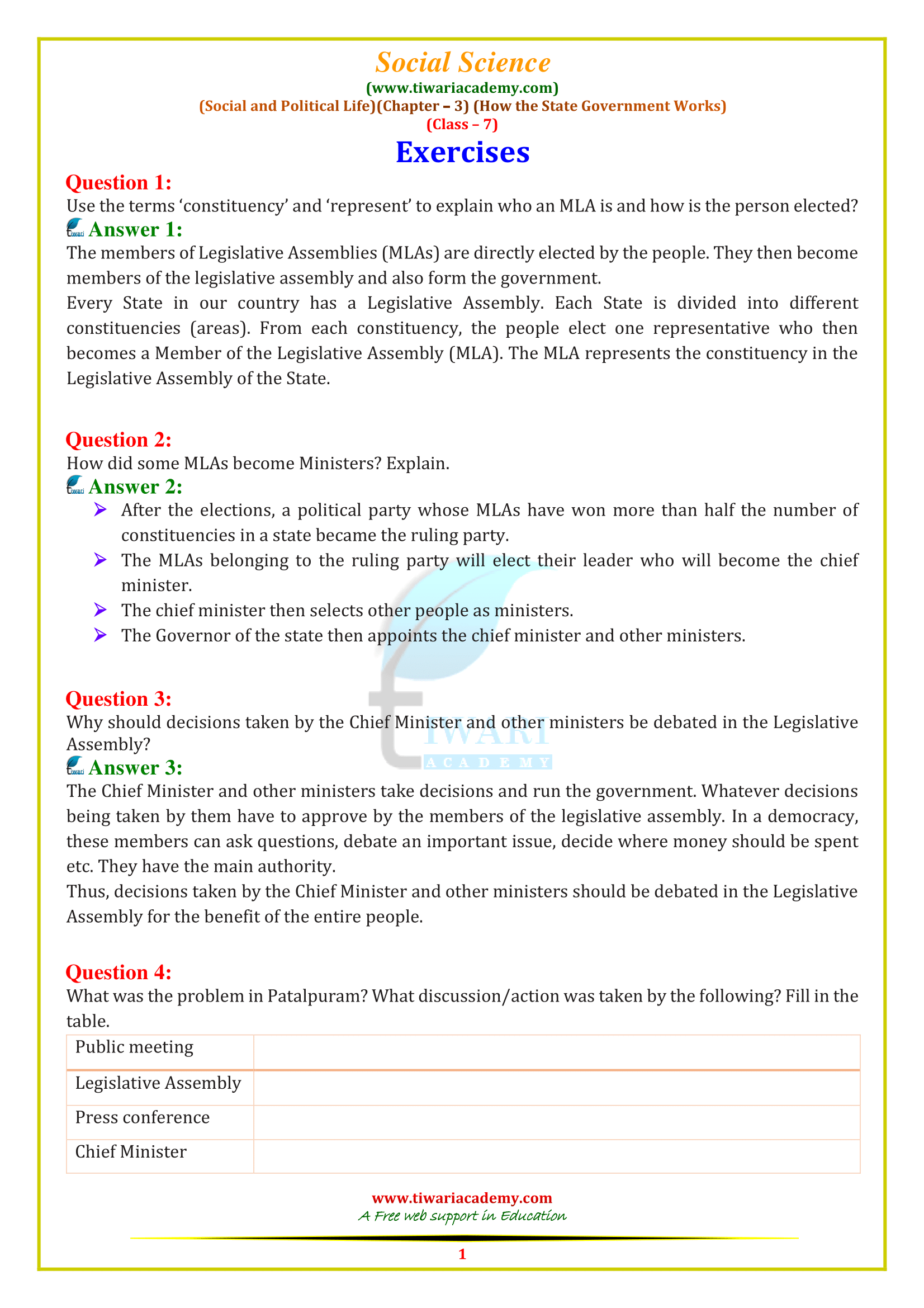 NCERT Solutions for Class 7 Social Science Civics Chapter 3 How the State Government Works