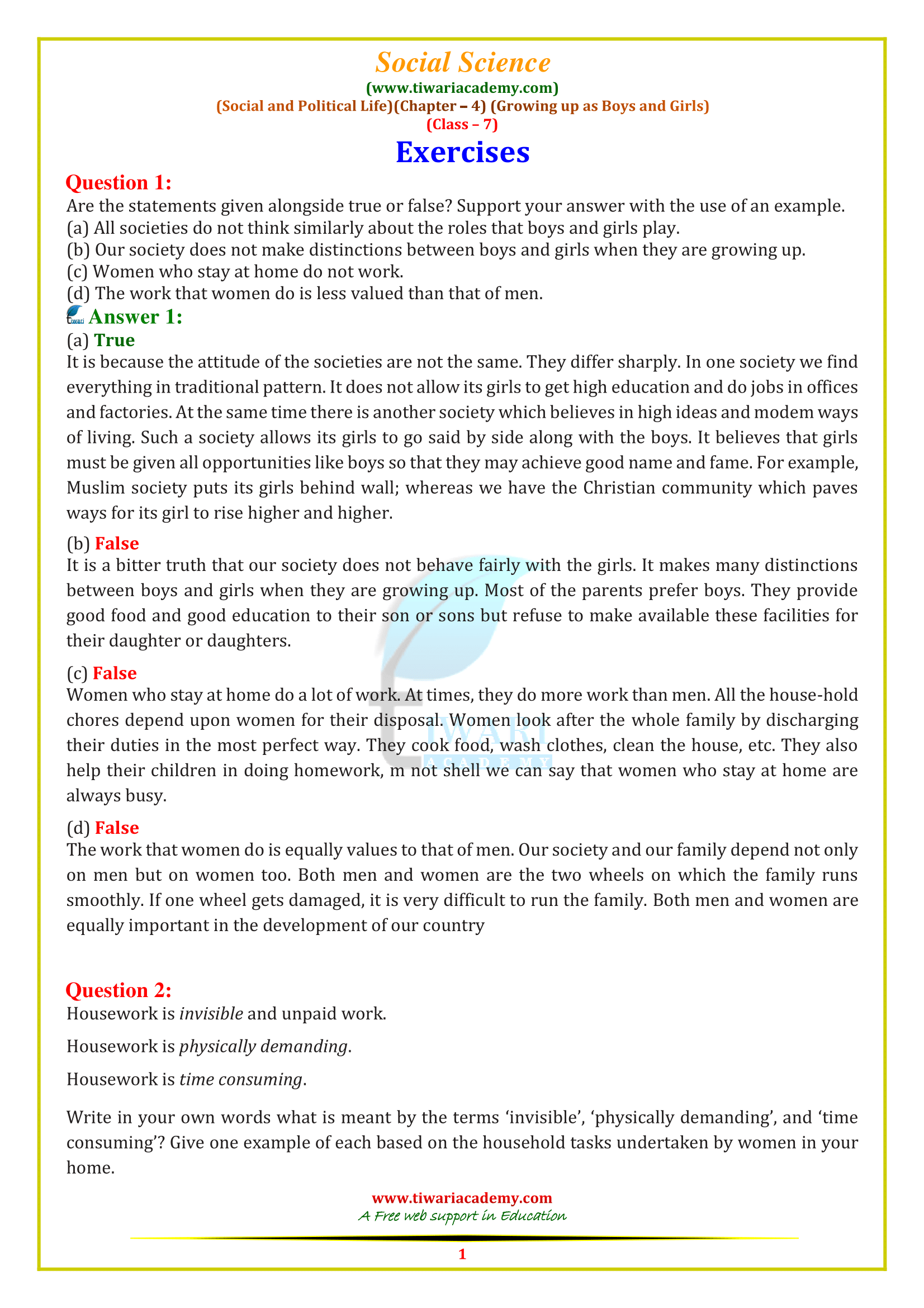 NCERT Solutions for Class 7 Social Science Civics Chapter 4 Growing up as Boys and Girls