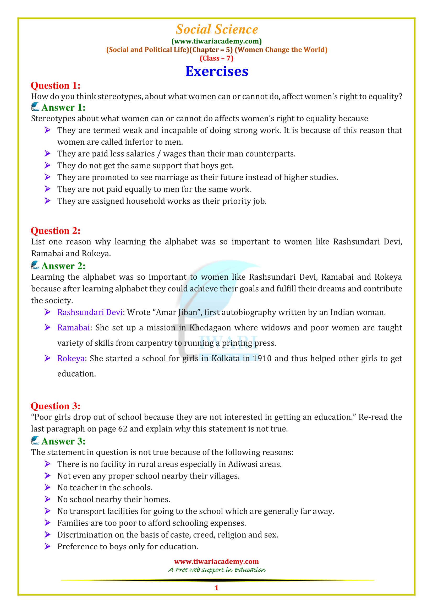 NCERT Solutions for Class 7 Social Science Civics Chapter 5 Women Change the World