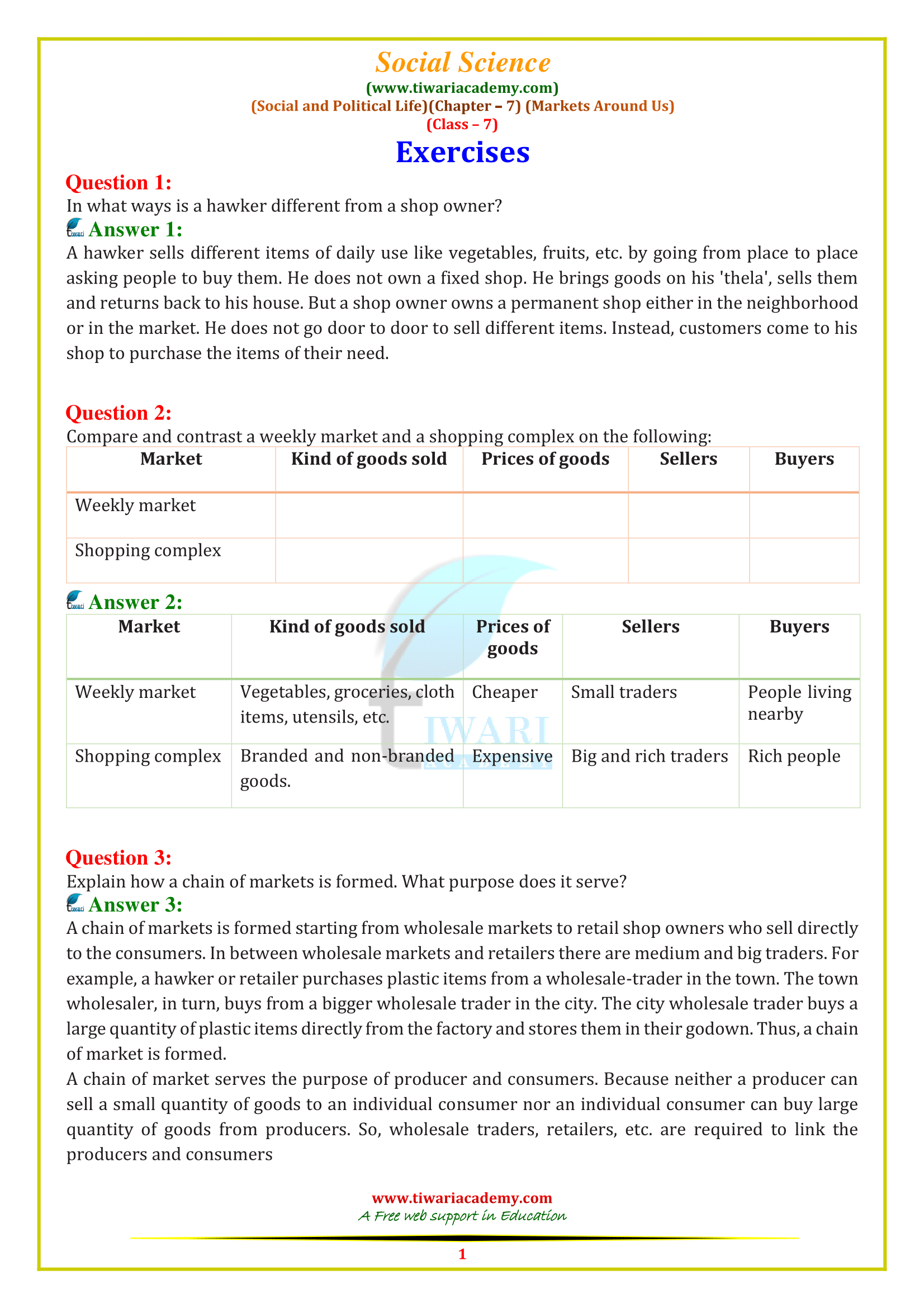 NCERT Solutions for Class 7 Social Science Civics Chapter 7 Markets Around Us