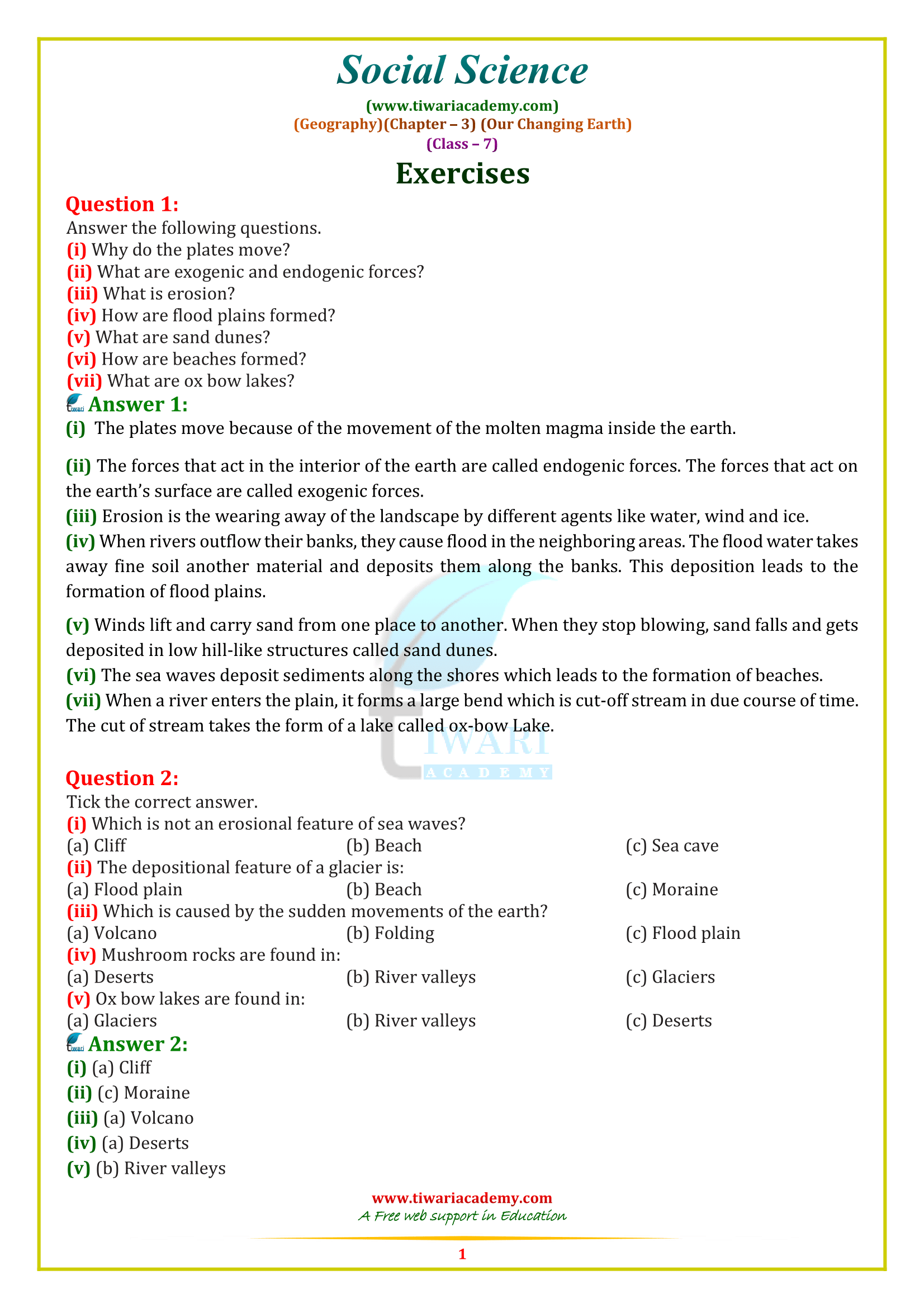 NCERT Solutions for Class 7 Social Science Geography Chapter 3 Our Changing Earth