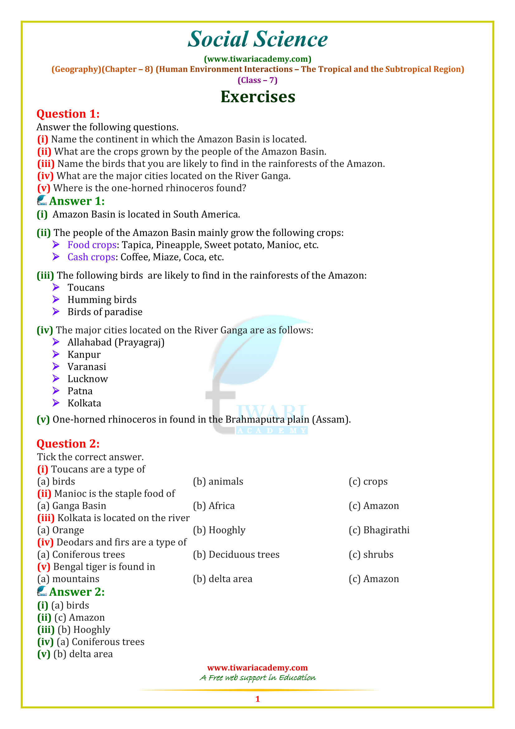 NCERT Solutions for Class 7 Social Science Geography Chapter 8 Human Environment Interactions - The Tropical and the Subtropical Region