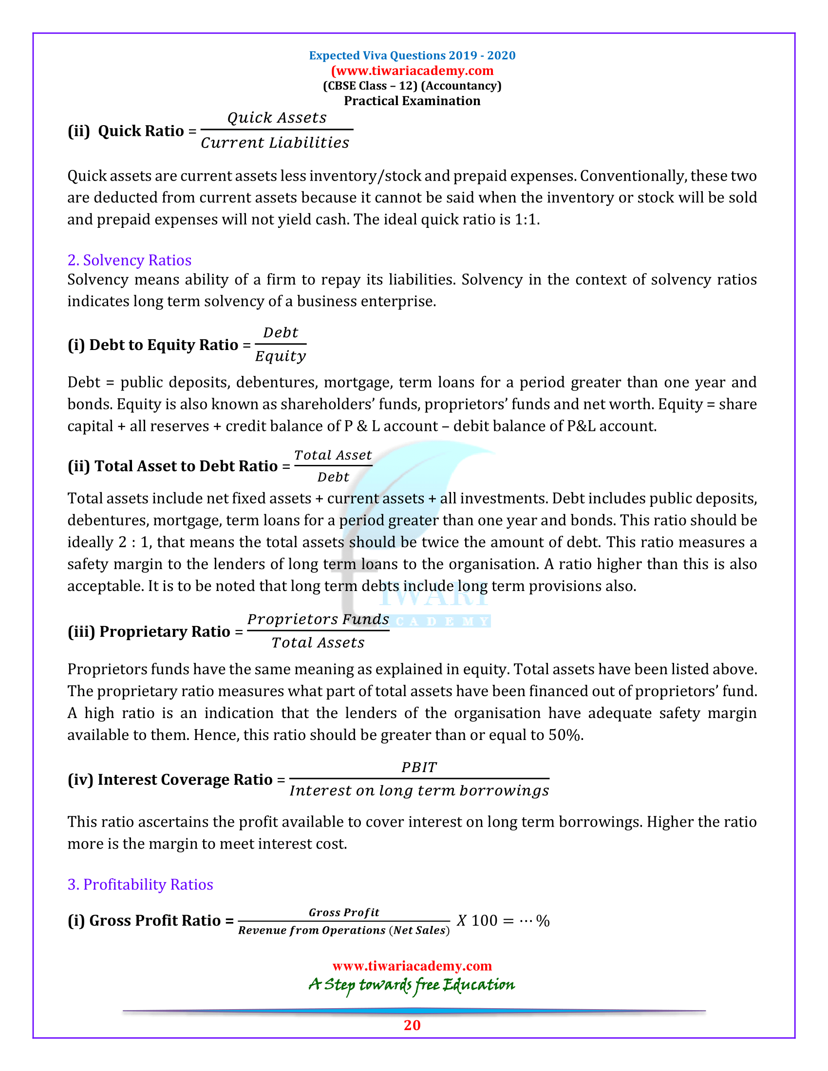 Practical and Viva questions for Class 12 Accounts on Ratio Analysis