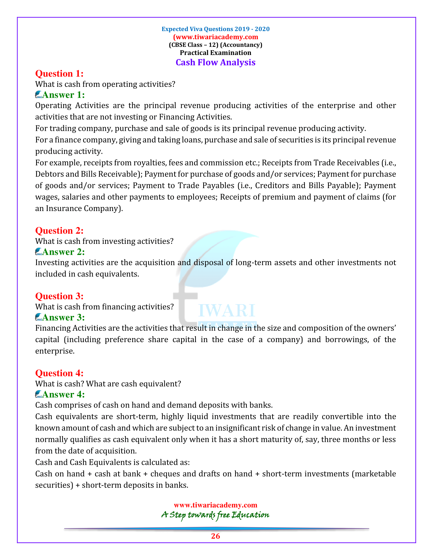 Practical Questions for Class 12 Accounts on Cash Flow Analysis