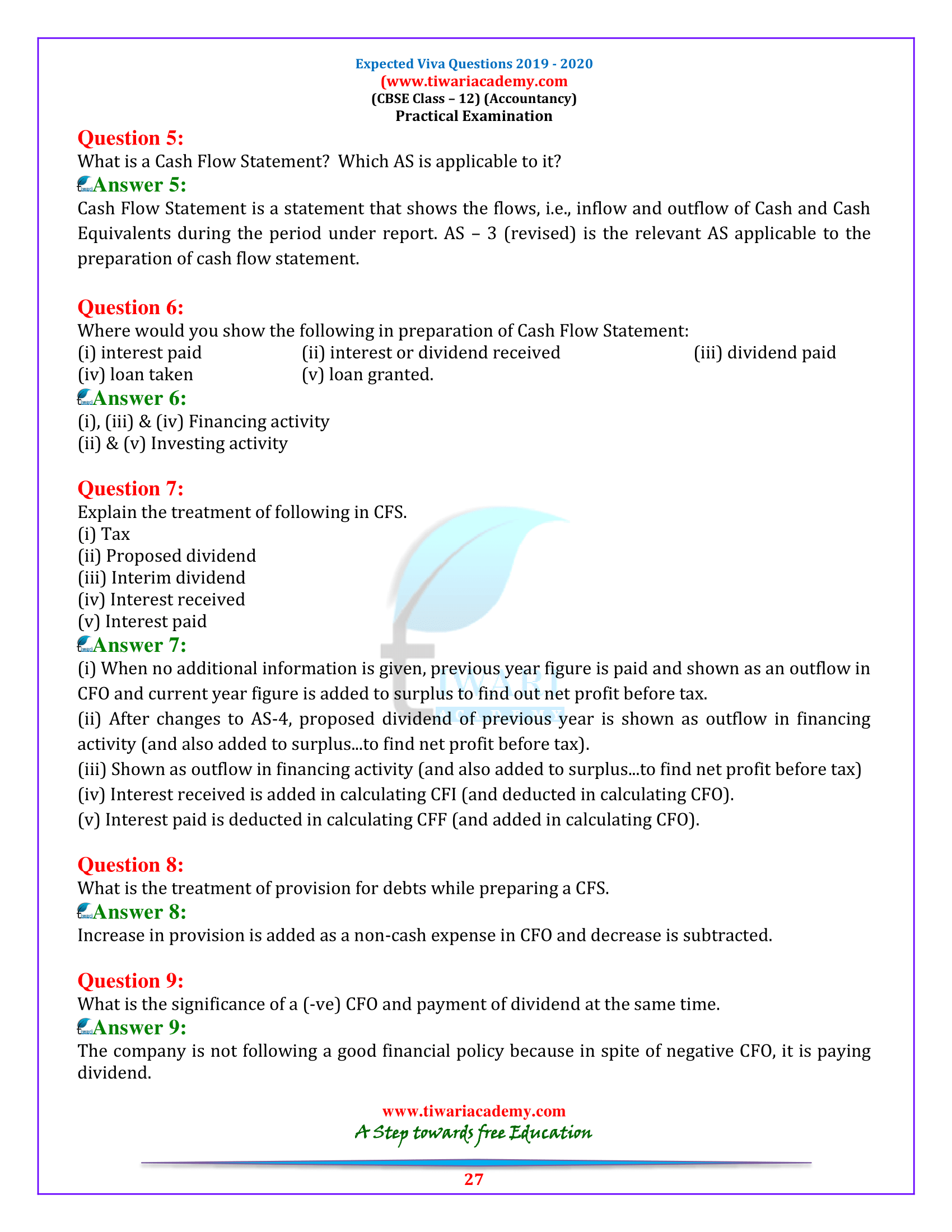 Viva questions on Cash Flow Analysis for Class 12 CBSE 2020