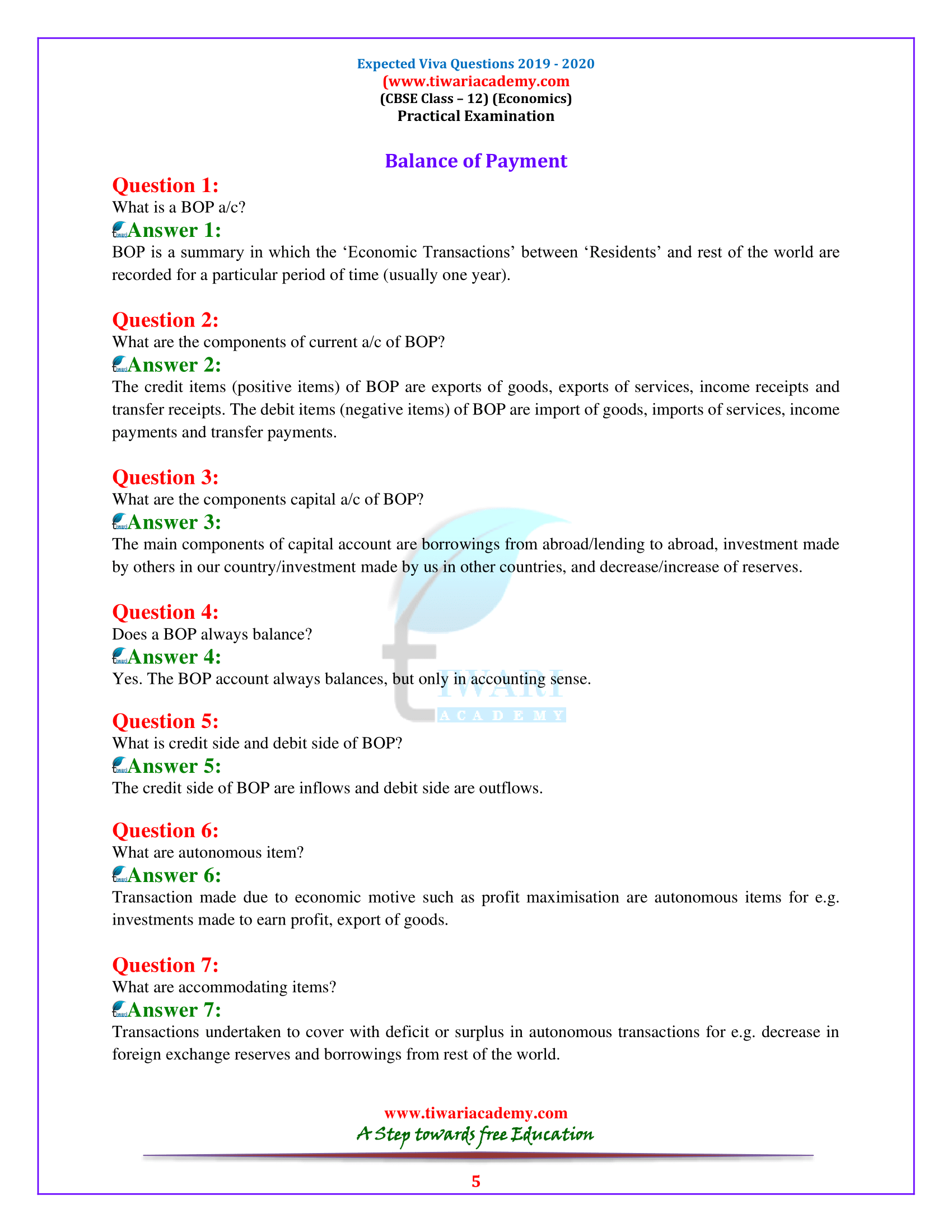 Viva Questions for Class 12 Economics