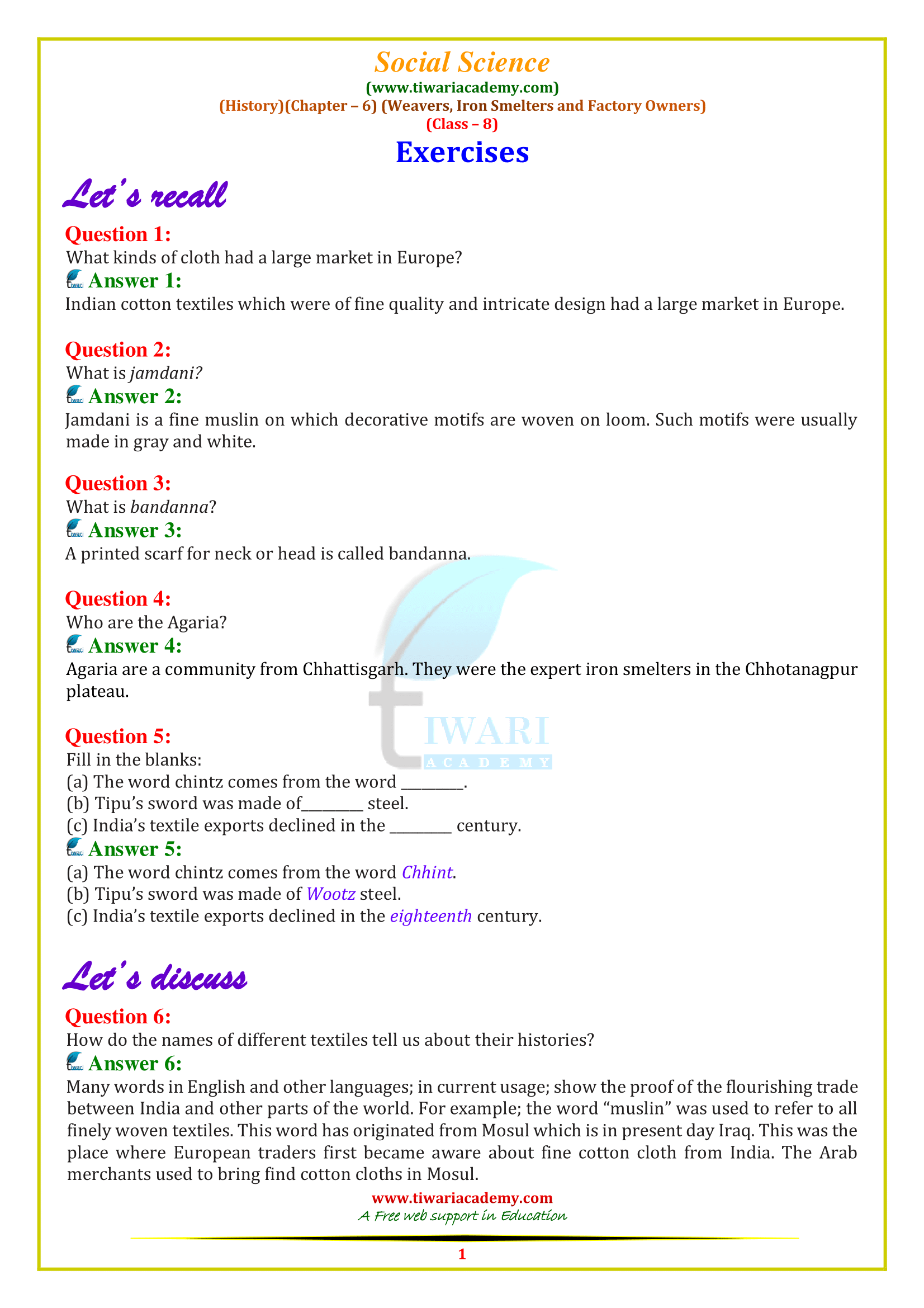 NCERT Solutions for Class 8 History Chapter 6 in PDF