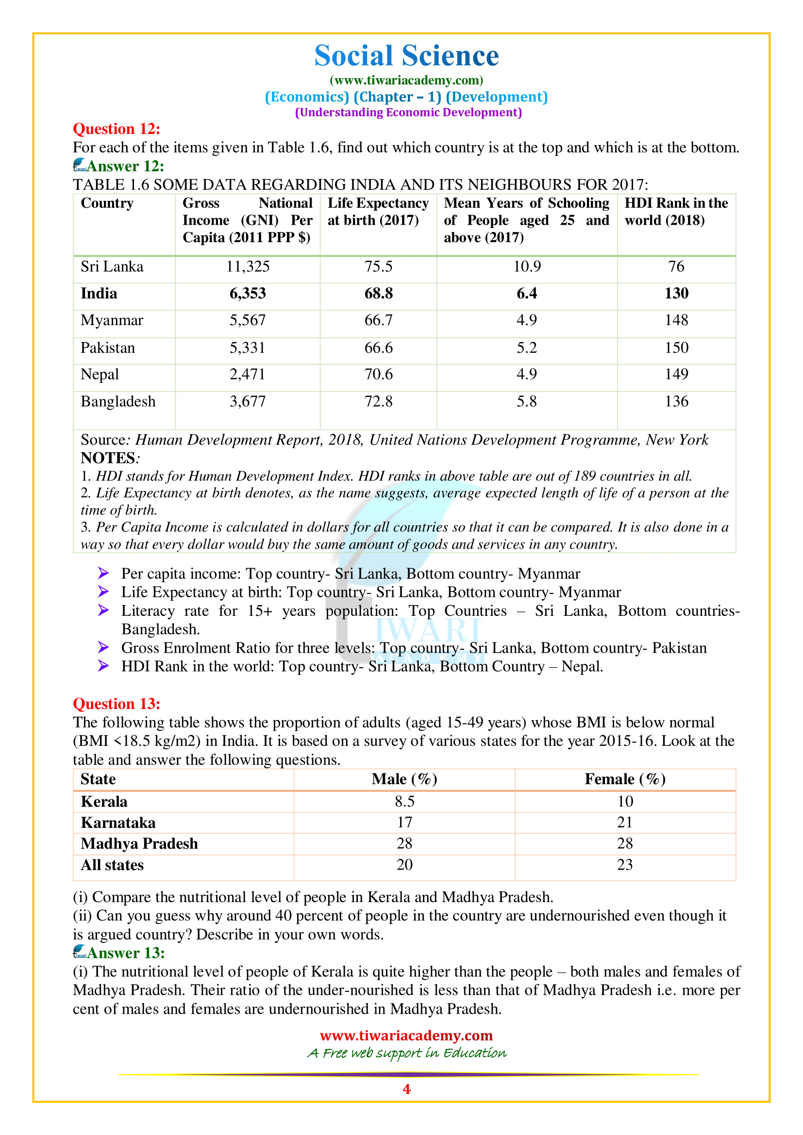 Ncert Solutions For Class 10 Economics Chapter 1 Development In Pdf