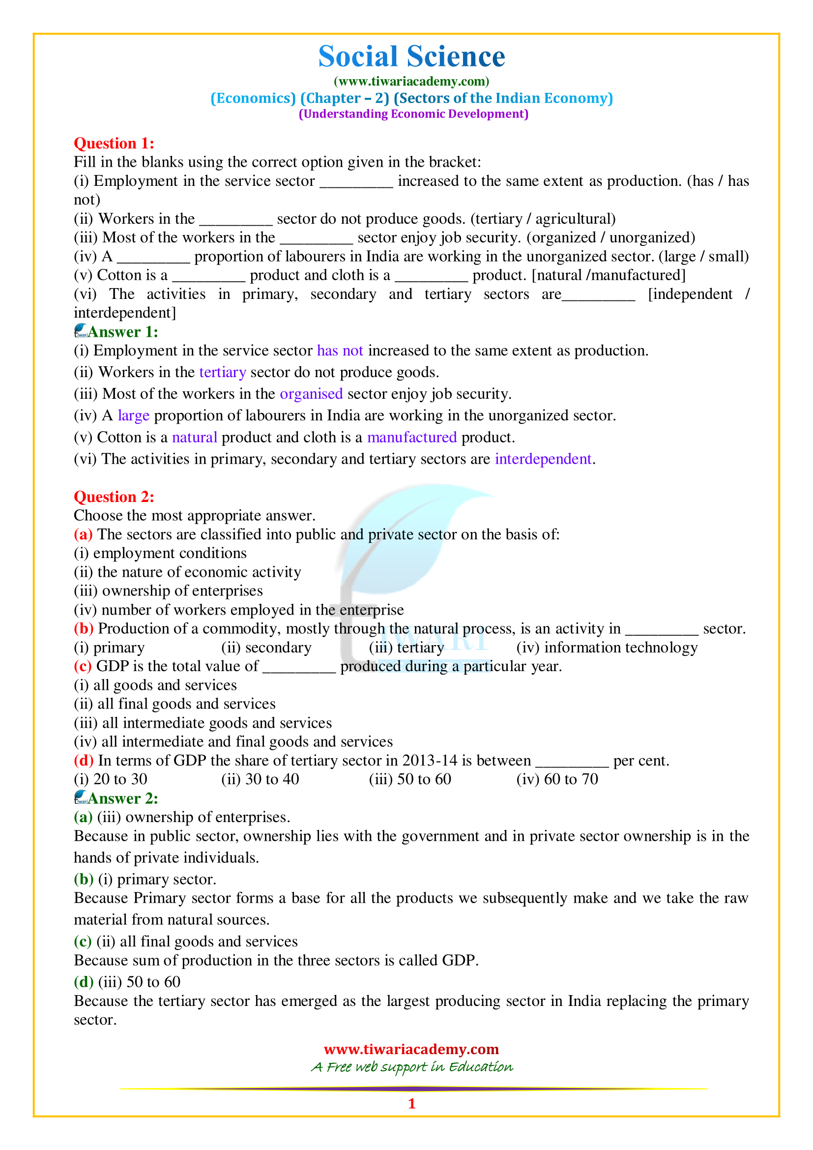 NCERT Solutions for Class 10 Economics Chapter 2 Sectors of Indian Economy