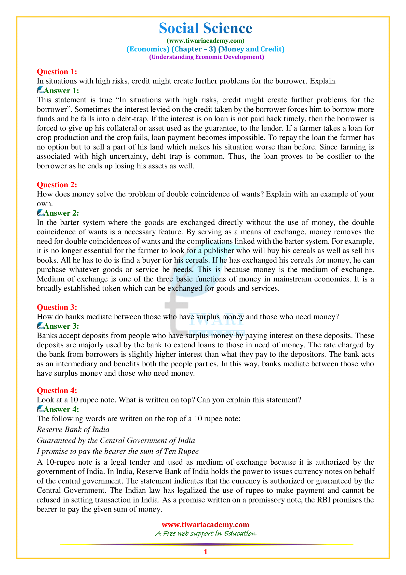 NCERT Solutions for Class 10 Economics Chapter 3 Money and Credit