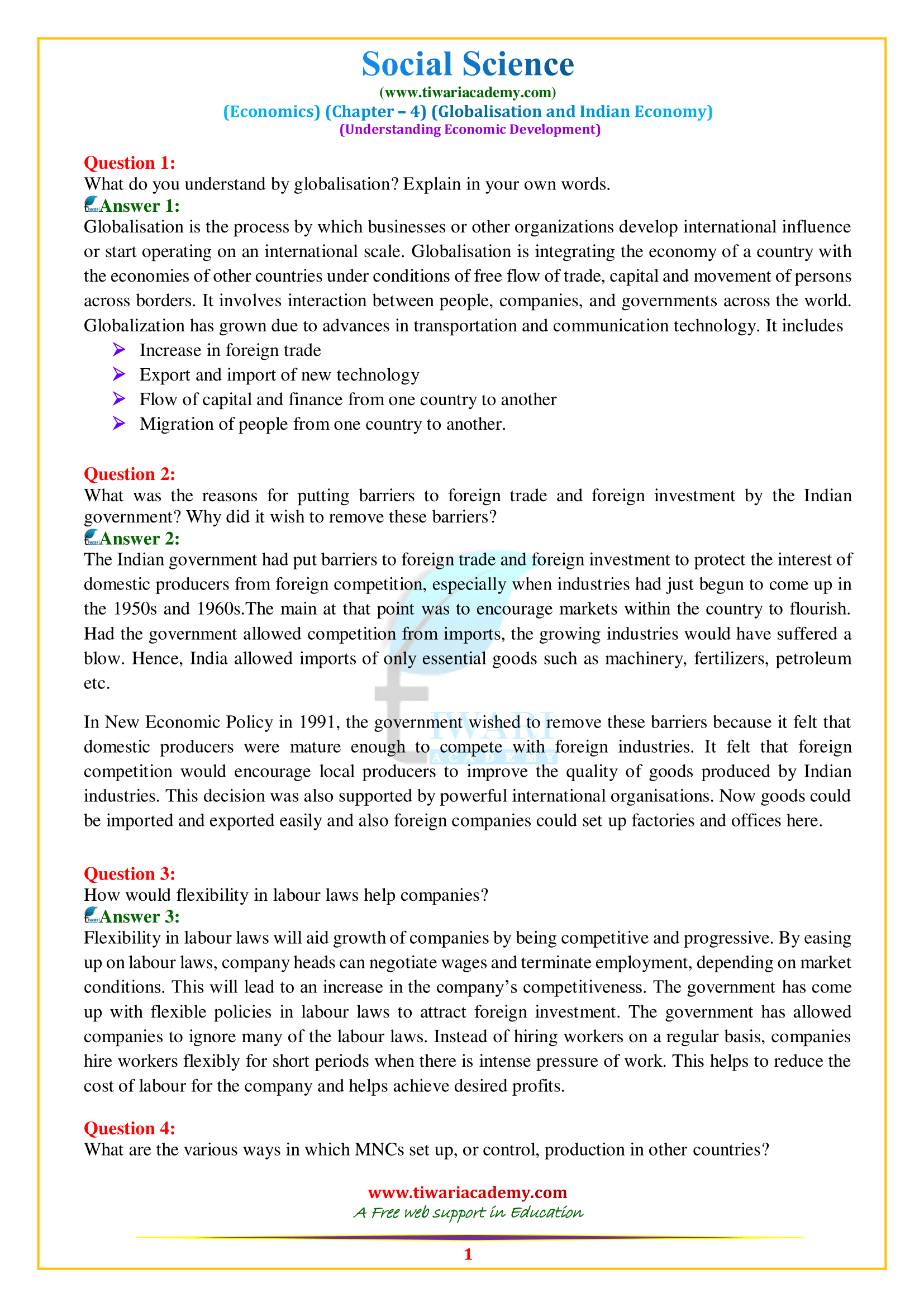 NCERT Solutions for Class 10 Economics Chapter 4 Globalisation and the Indian Economy