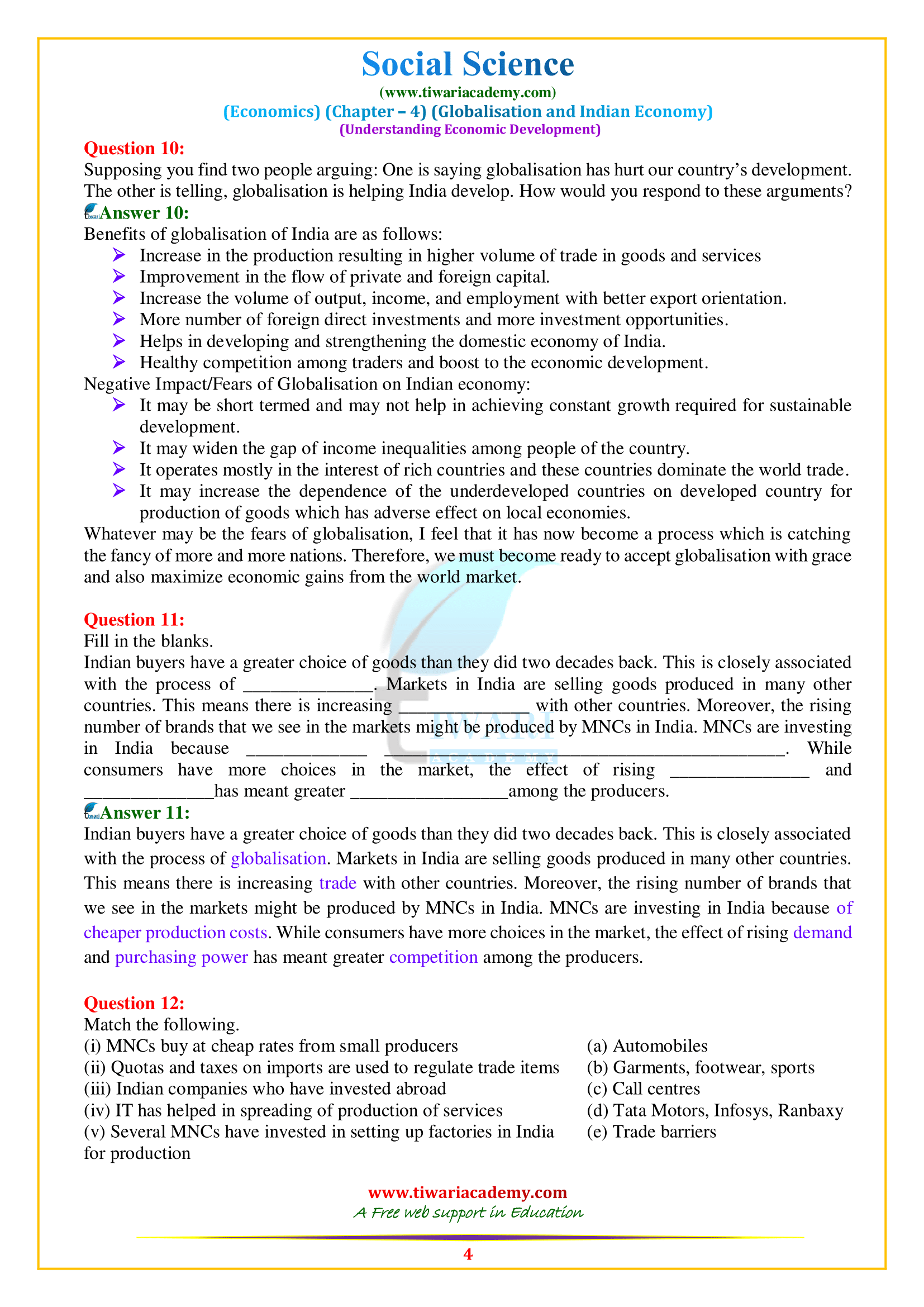 NCERT Solutions for Class 10 Economics Chapter 4 in English Medium