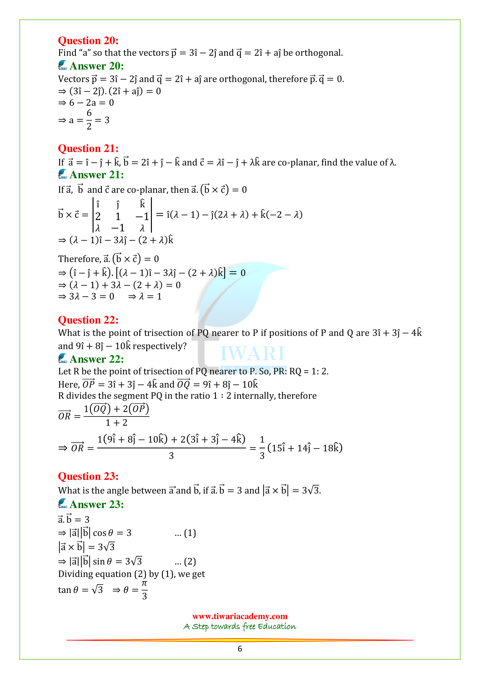 Class 12 Maths Chapter 10 solutions