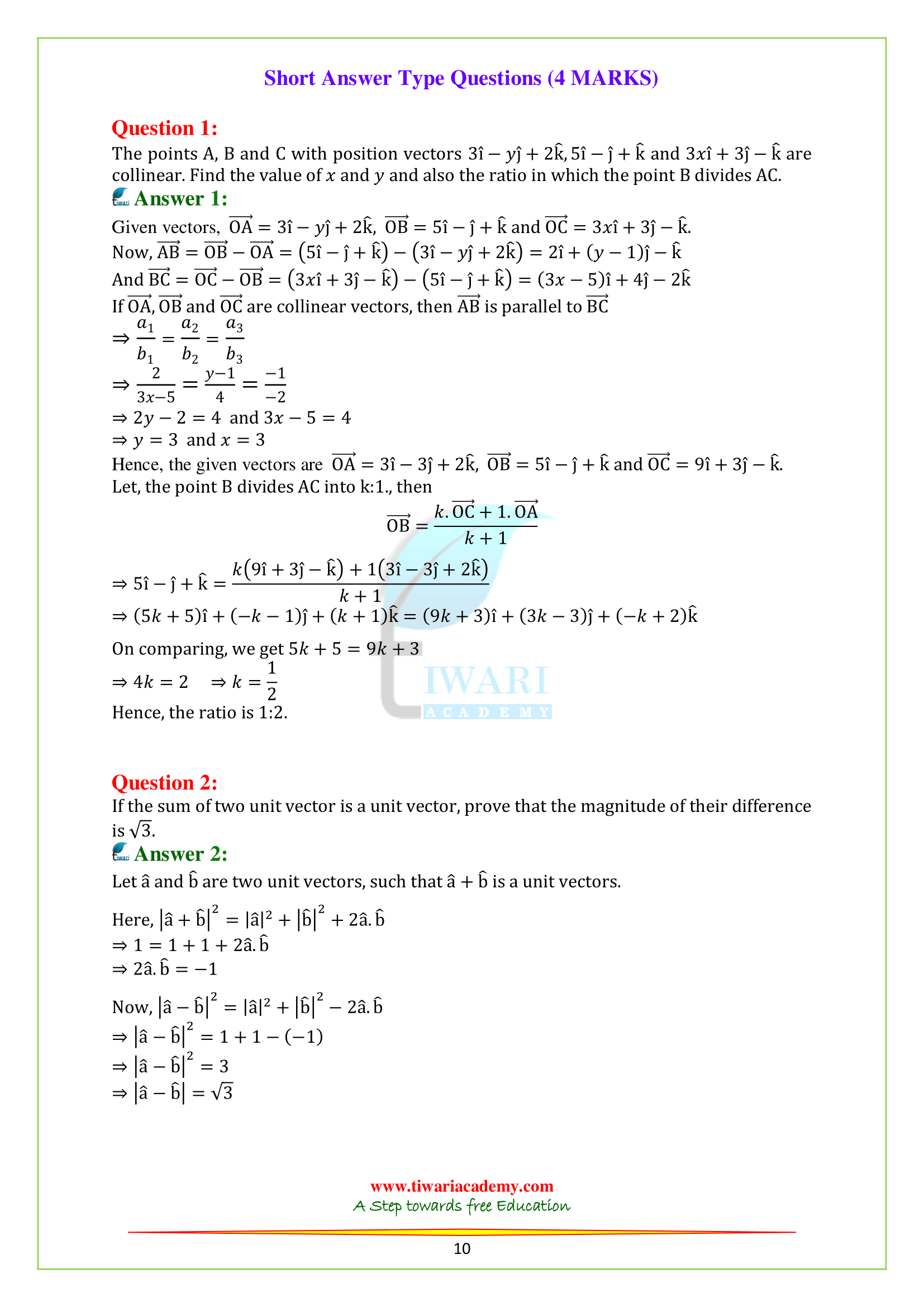 Class 12 Maths Chapter 10 questions answers