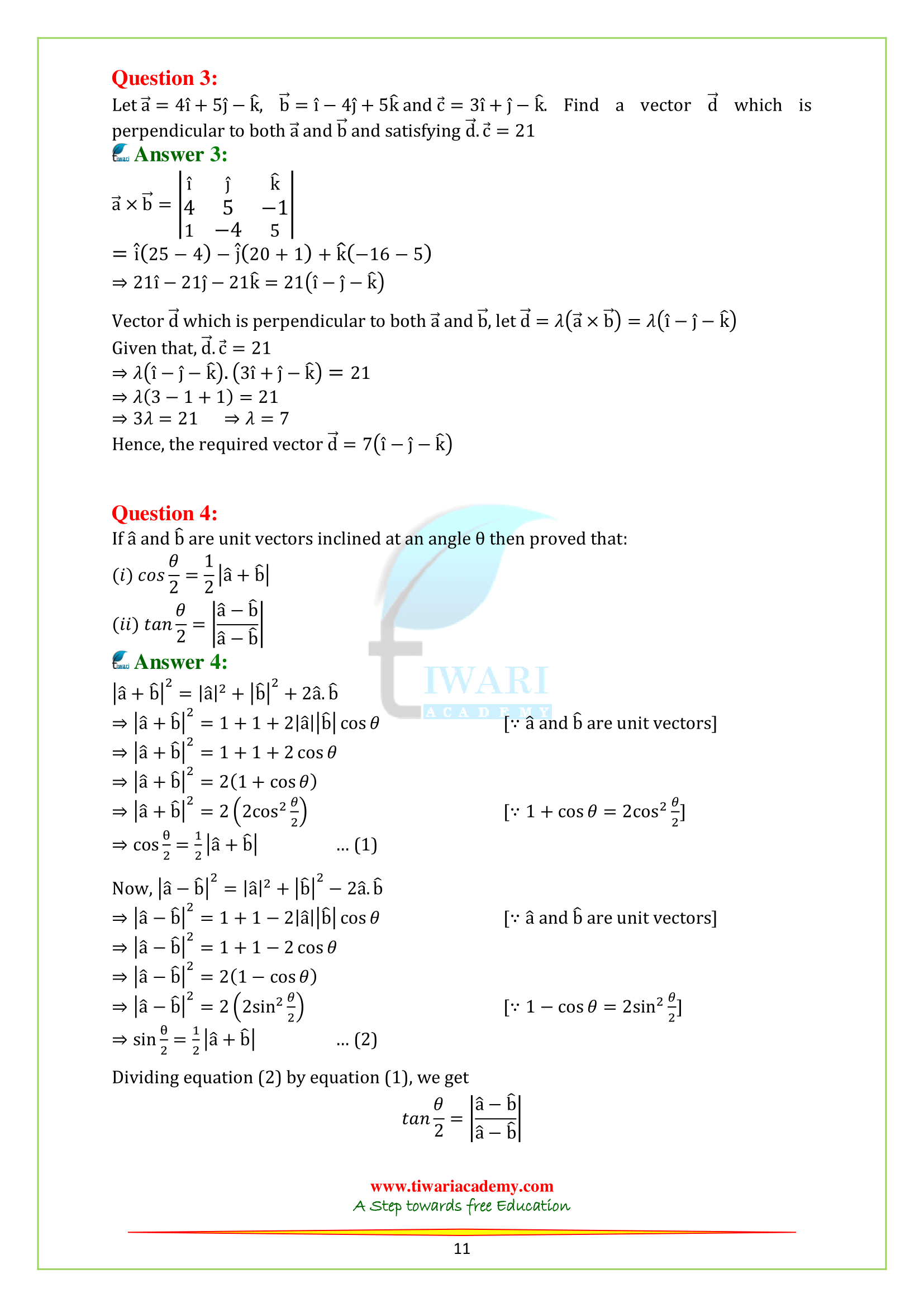 Class 12 Maths Chapter 10 free solutions