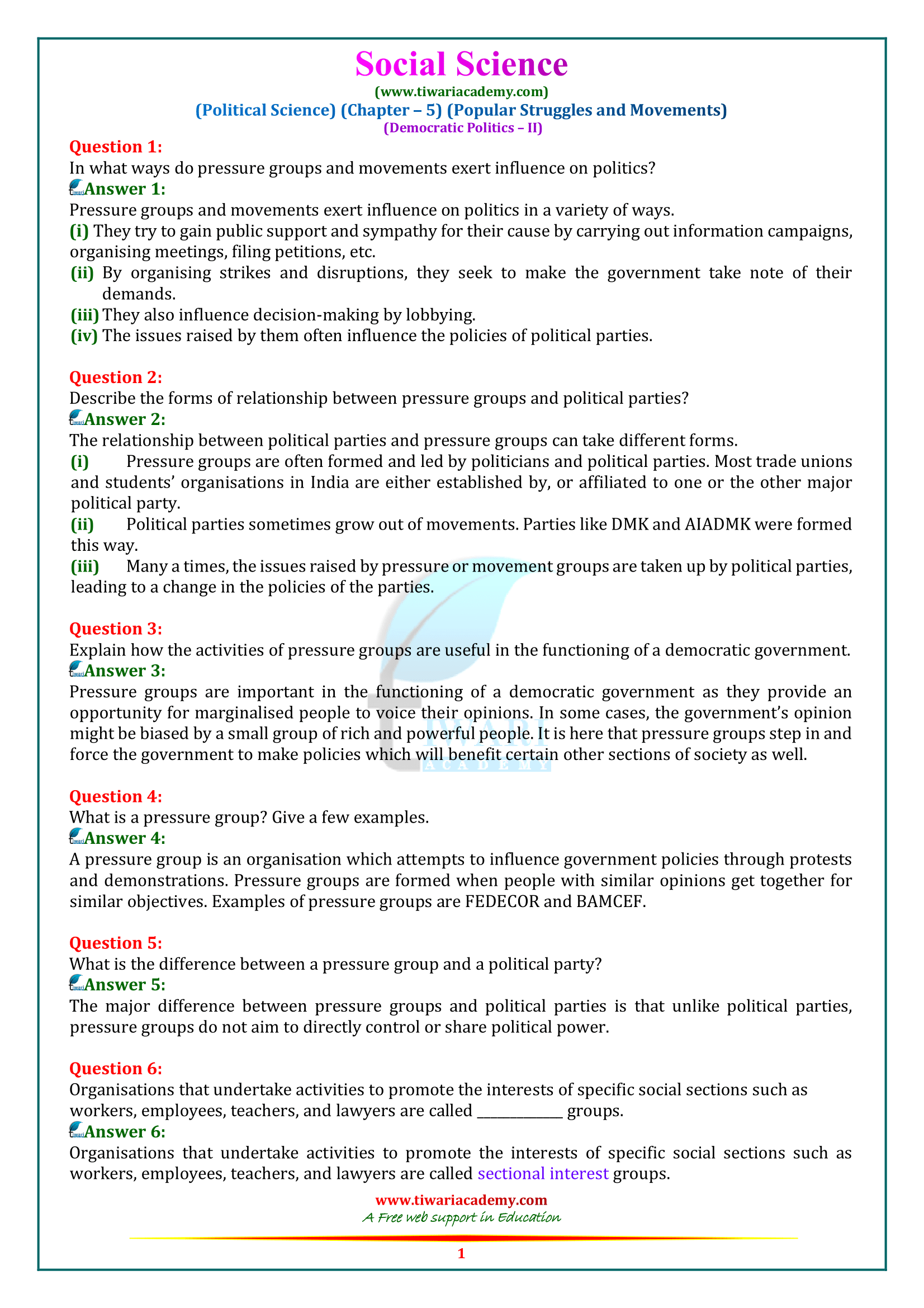 NCERT Solutions for Class 10 Civics Chapter 5 in PDF form