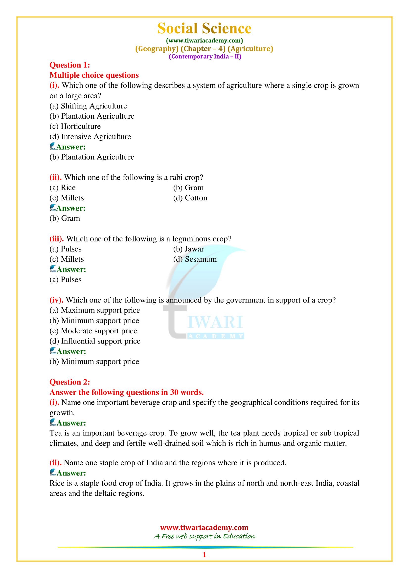 NCERT Solutions for Class 10 Geography Chapter 4 Agriculture