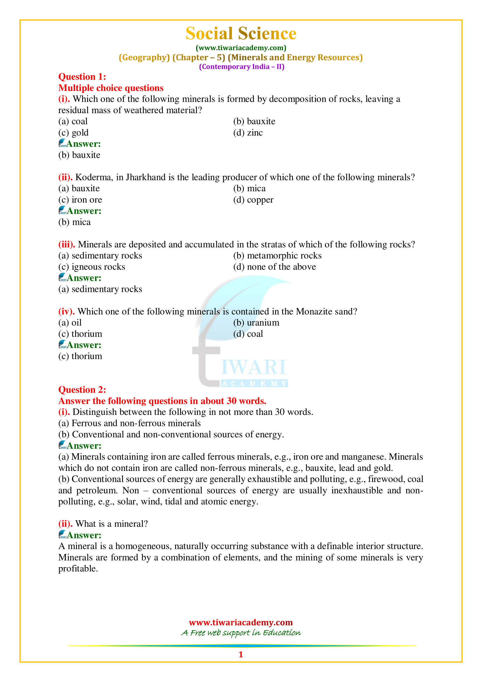 NCERT Solutions for Class 10 Geography Chapter 5 Minerals and Energy Resources
