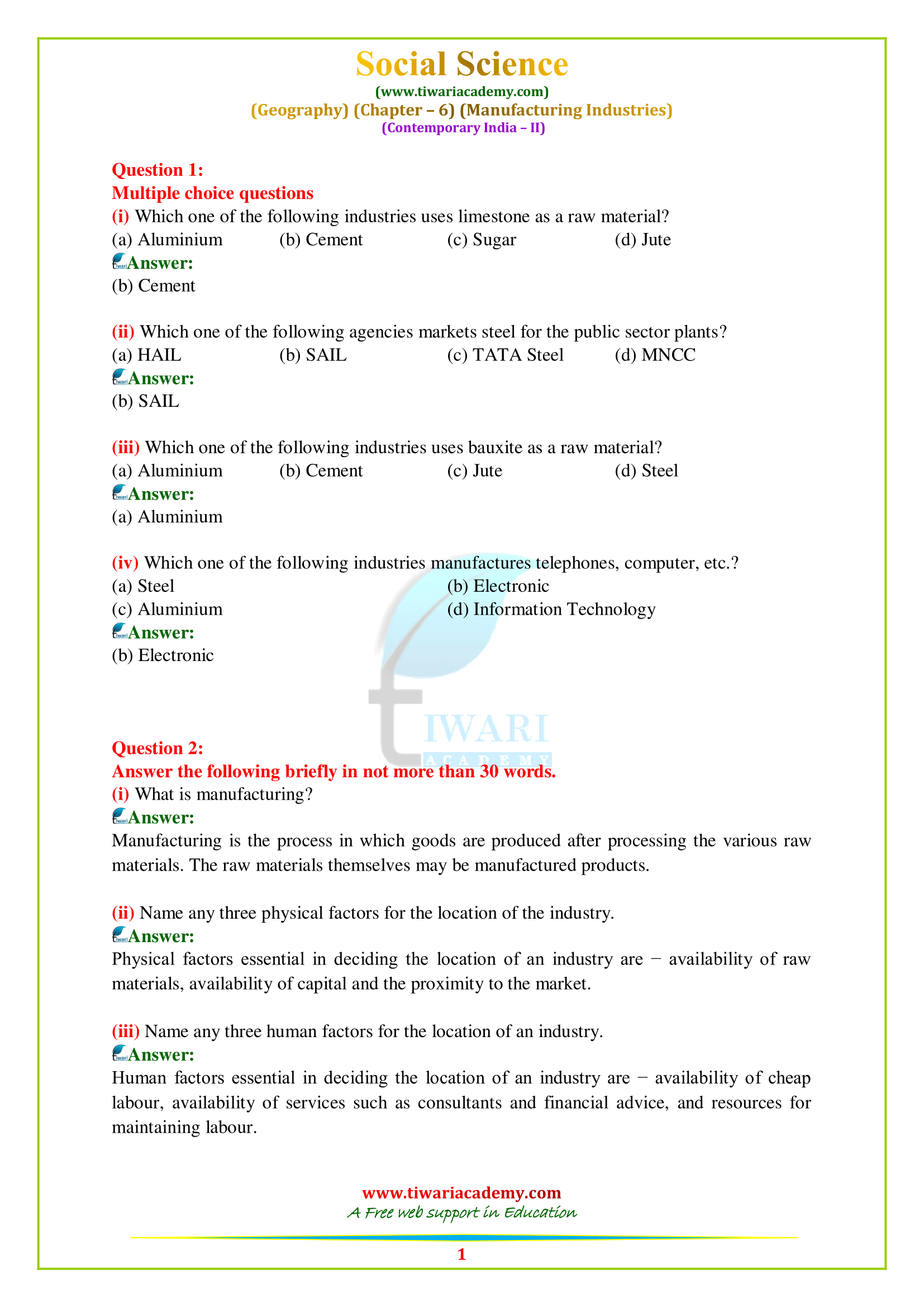 NCERT Solutions for Class 10 Geography Chapter 6 Manufacturing Industries