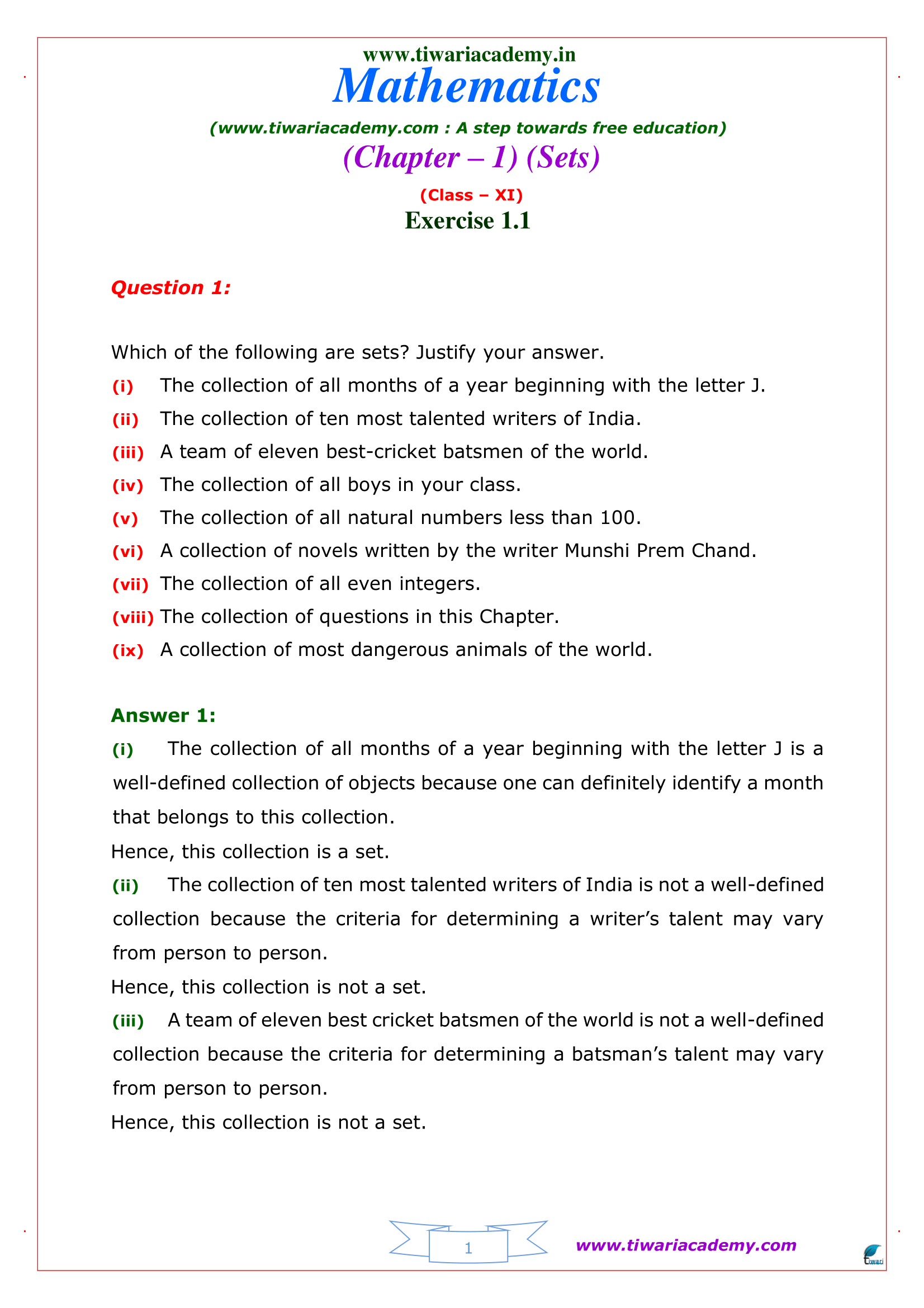 Class 11 Maths Exercise 1.1 Solutions