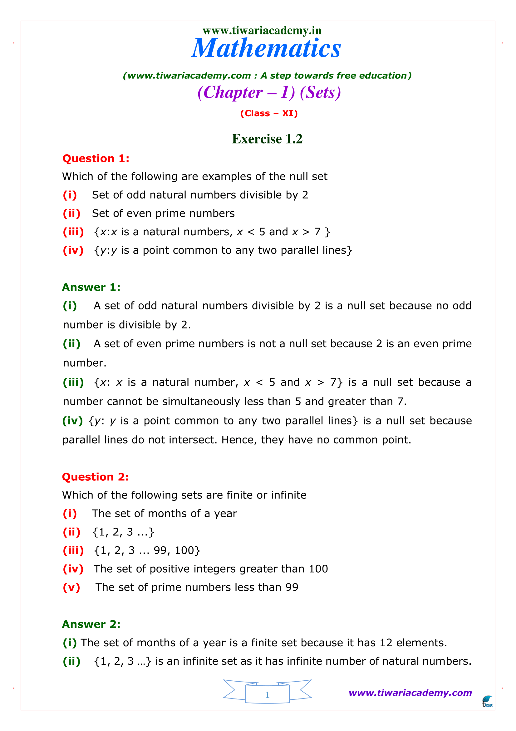 Class 11 Maths Exercise 1.2 Solutions