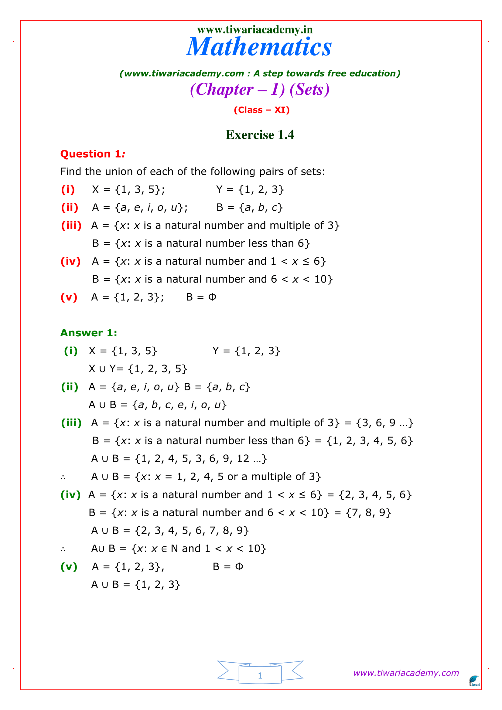 Class 11 Maths Exercise 1.4 Solutions