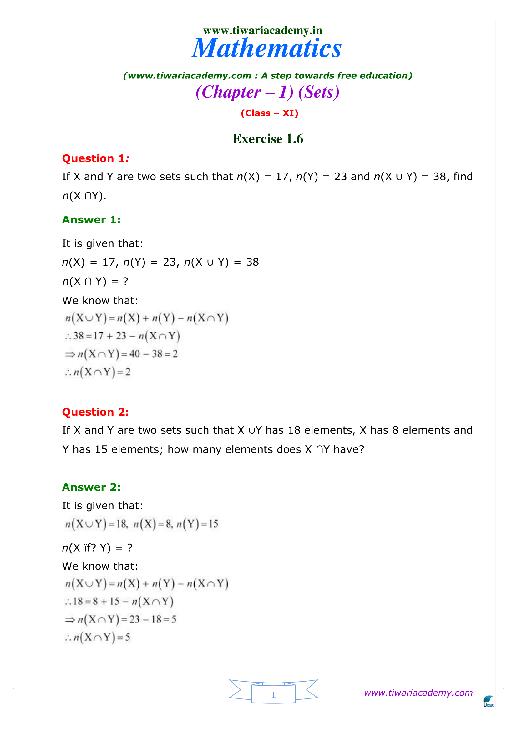 Class 11 Maths Exercise 1.6 Solutions