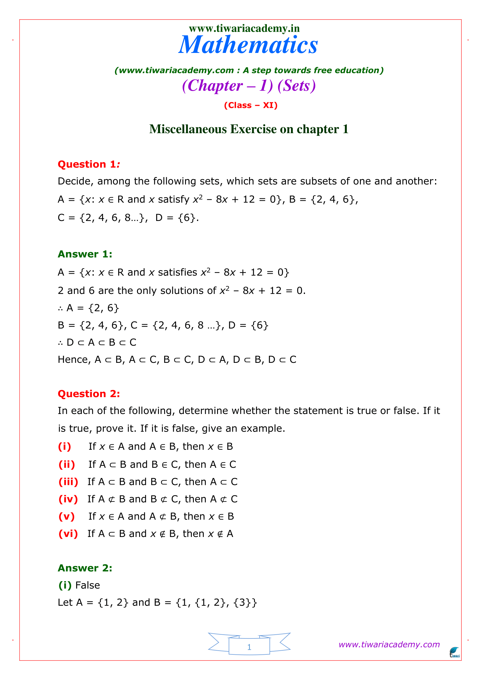 Class 11 Maths Miscellaneous Exercise 1 pdf