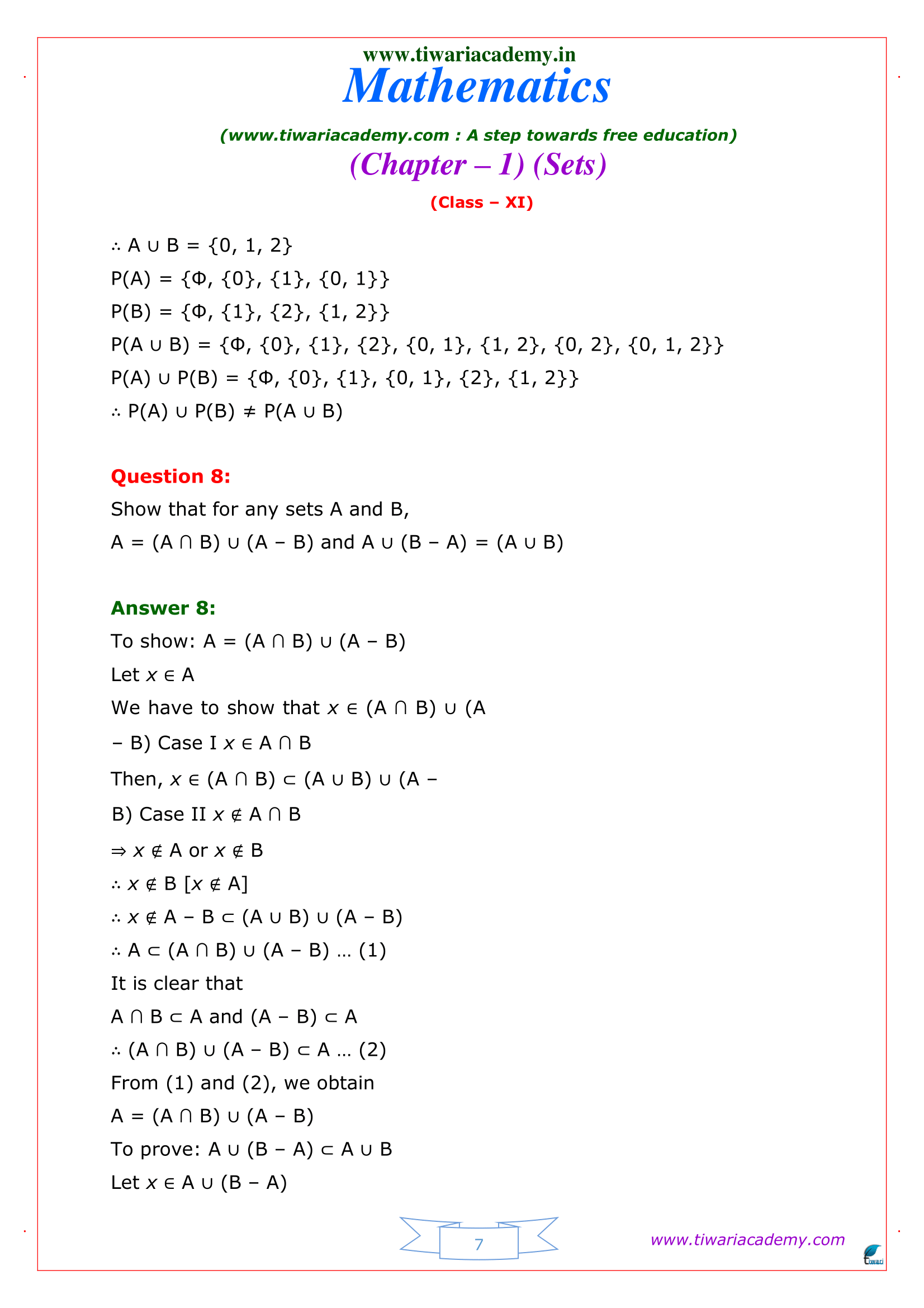 Class 11 Maths Misc 1 sets