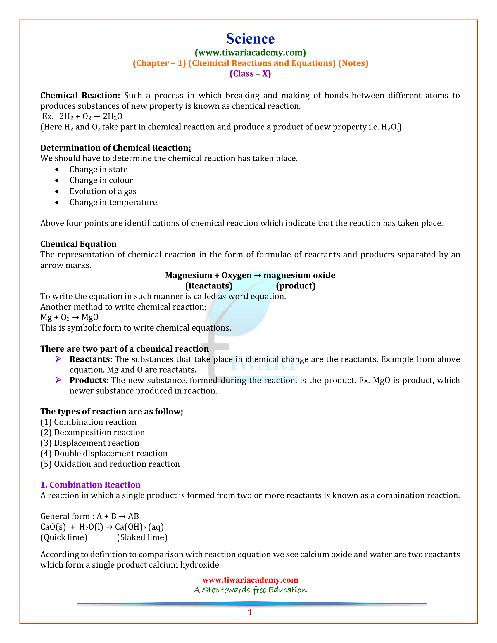 Class 10 Science Chapter 1 Notes of Chemical Reactions and Equations