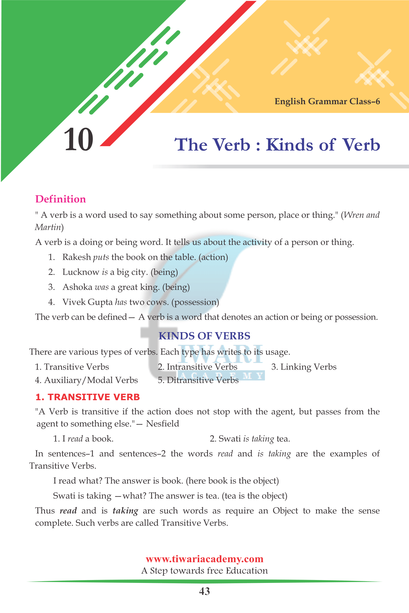 Class 6 English Grammar Chapter 10: The Verb - Kinds of Verbs