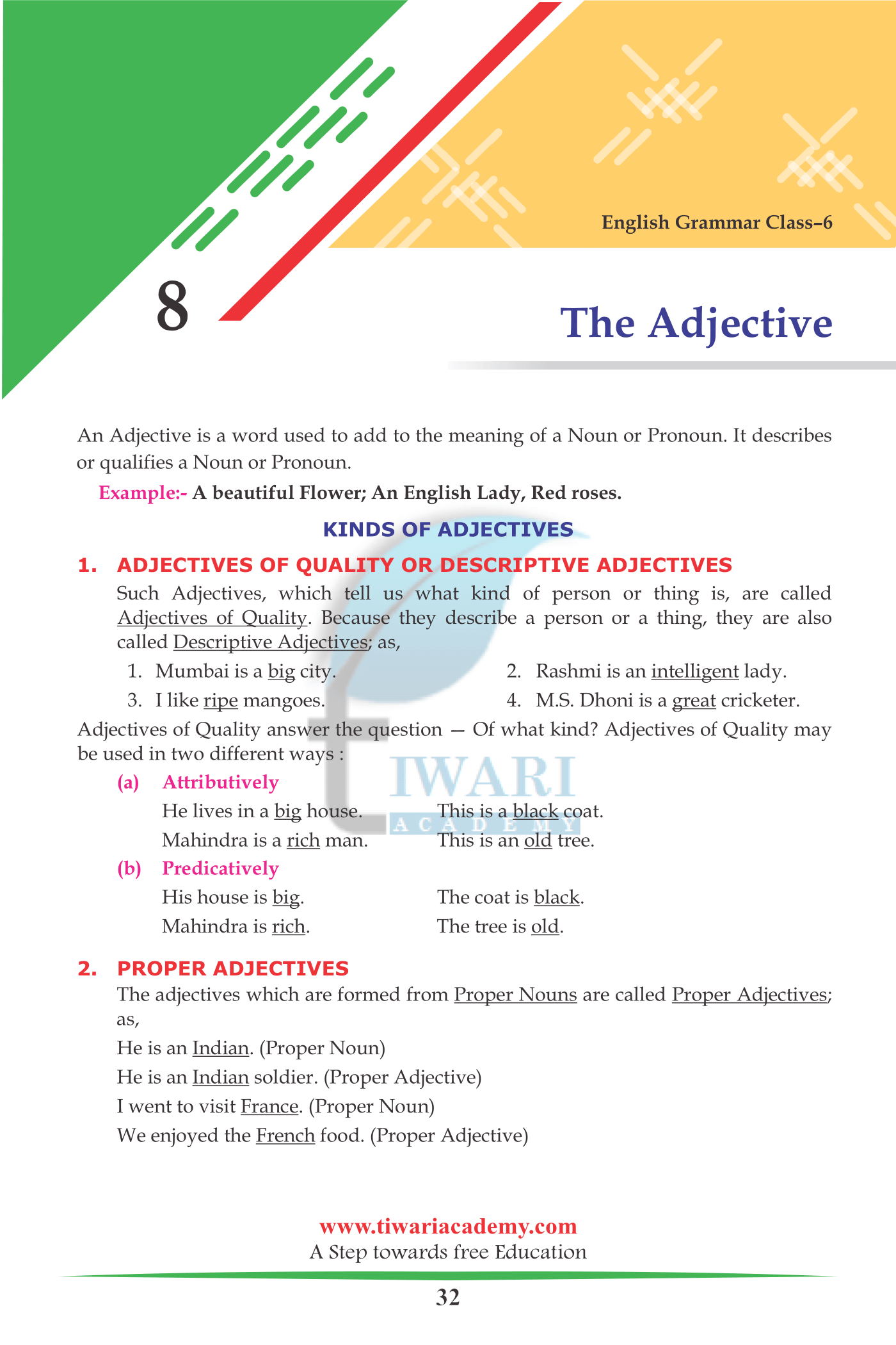Class 6 English Grammar Chapter 8: The Adjective