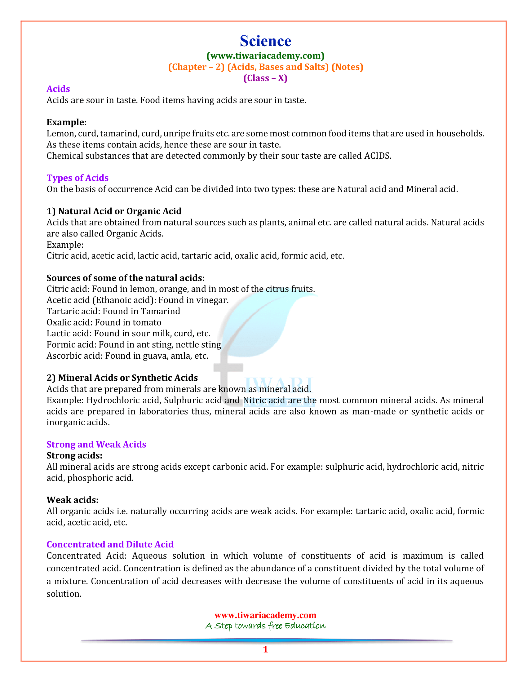 Class 10 Science Chapter 2 Notes of Acids, Bases and Salts