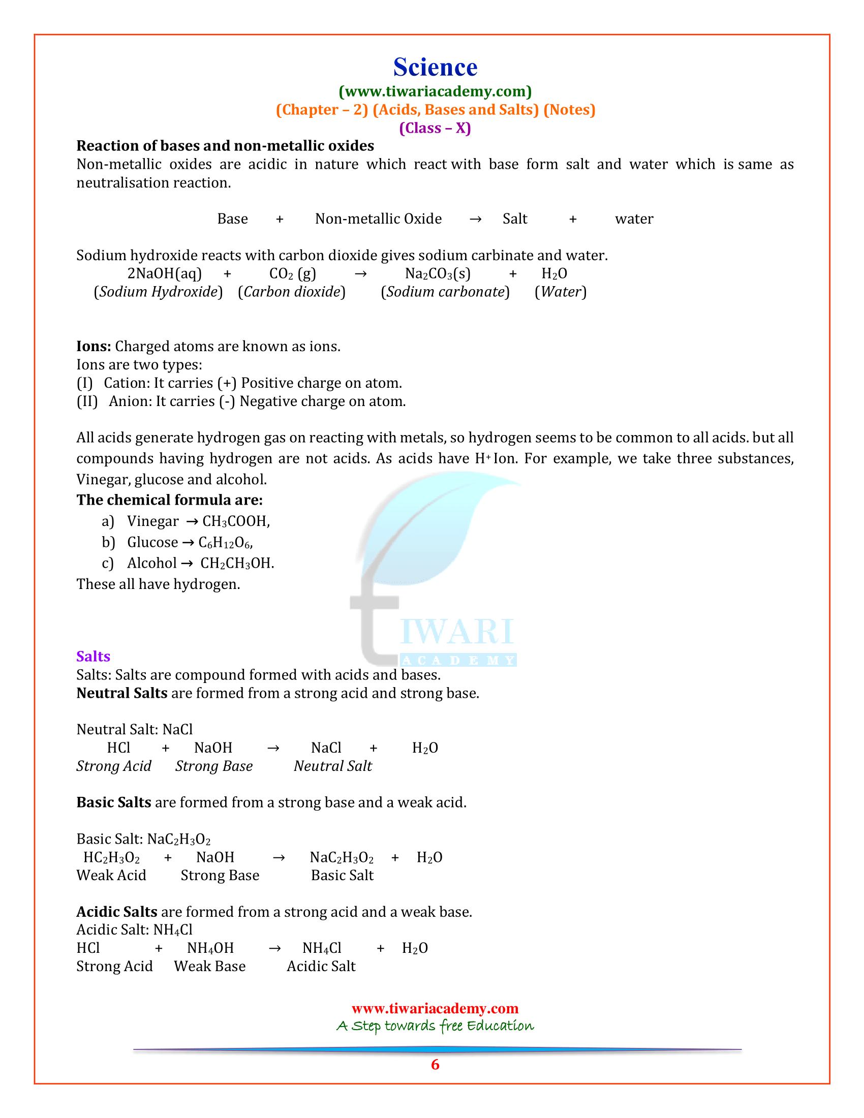 Acids, Bases and Salts notes for 10th science