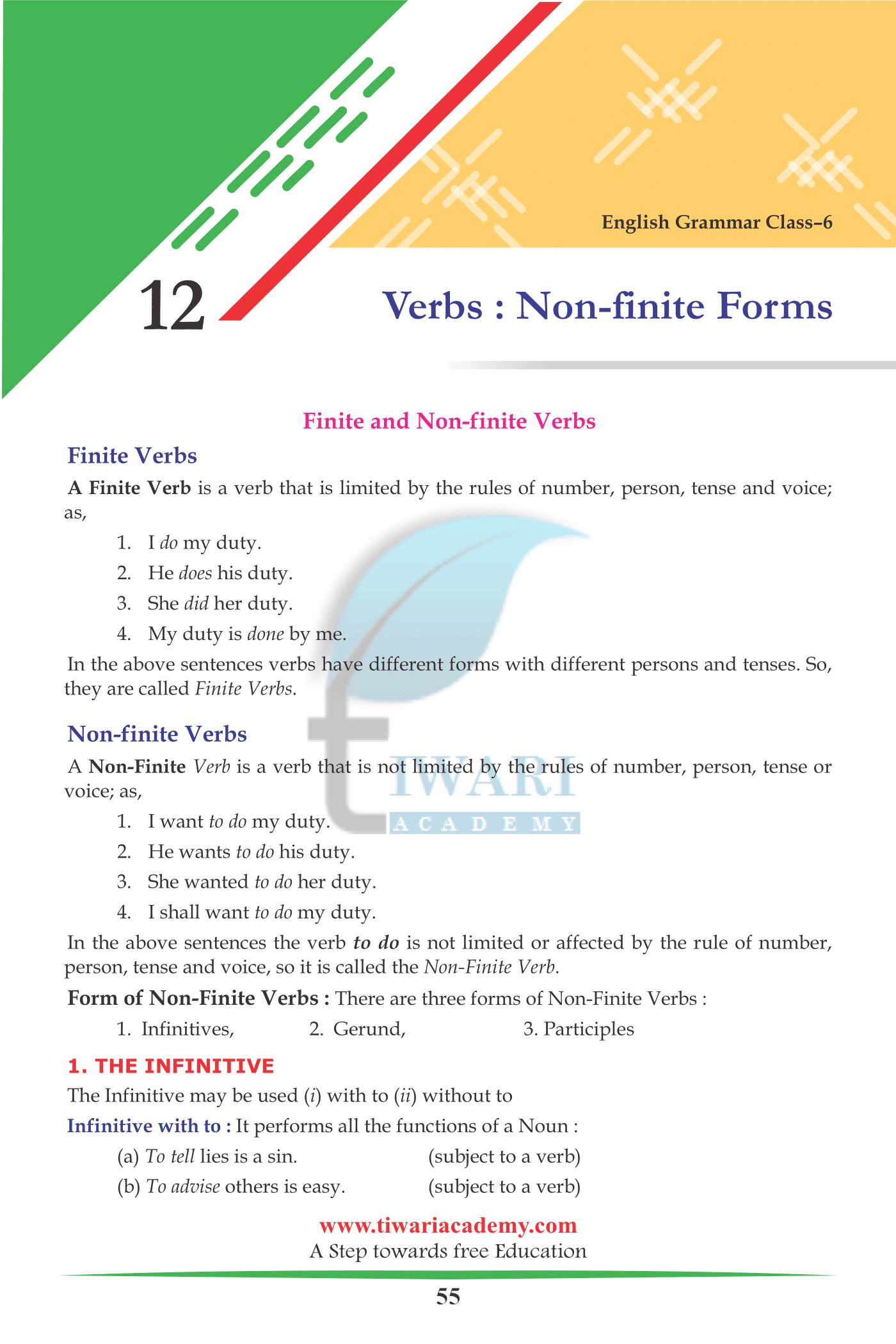 class 6 english grammar chapter 12 verbs finite non finite forms