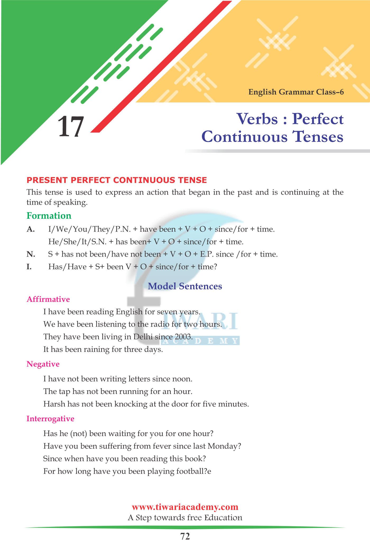 Class 6 English Grammar Chapter 17 Verbs – Perfect Continuous Tense