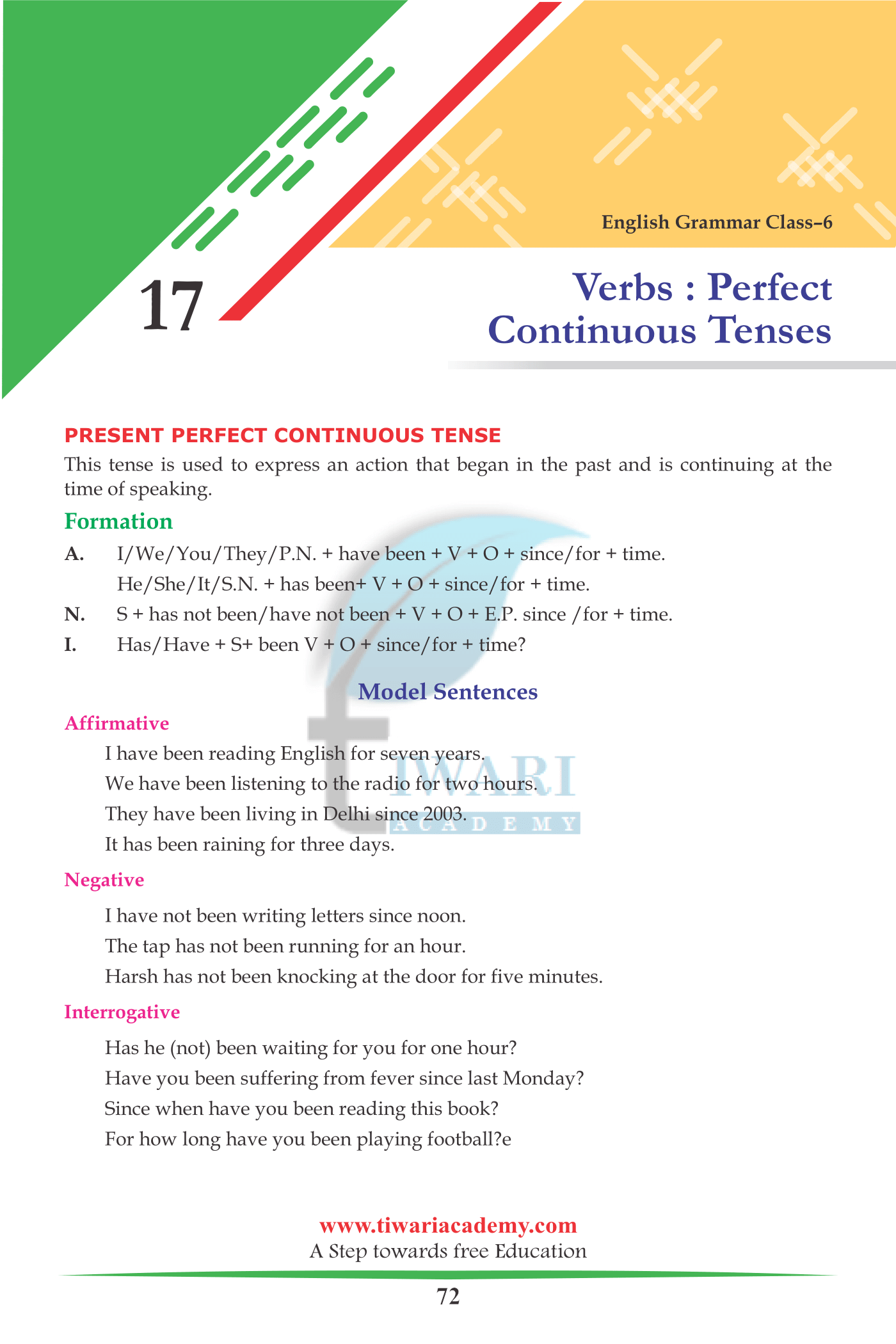 class 6 english grammar chapter 17 verbs perfect continuous tense