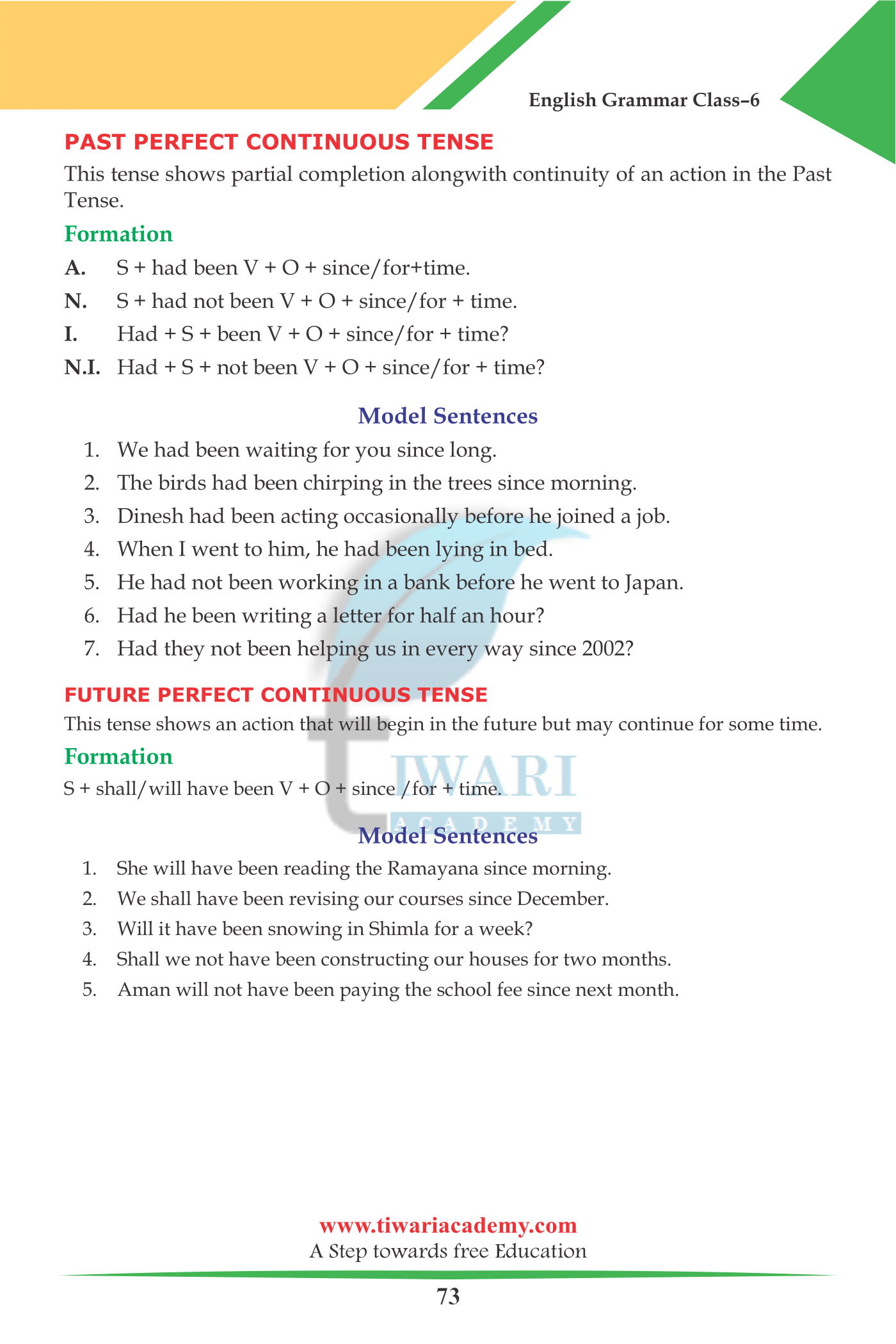 class 6 english grammar chapter 17 verbs perfect continuous tense